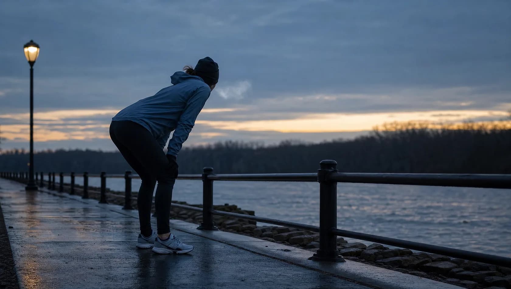 A runner stopped at the rail of a river path at first light, hands on knees, breath showing over blue-grey water.