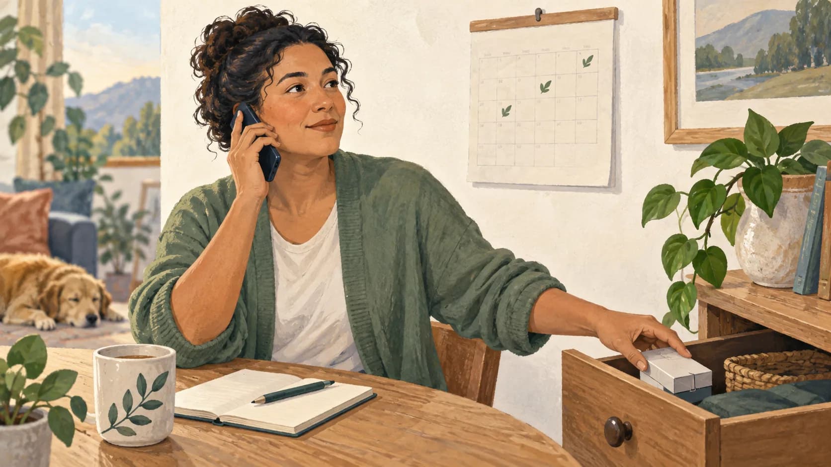 A person making a phone call beside a calendar and a small green leaf motif.