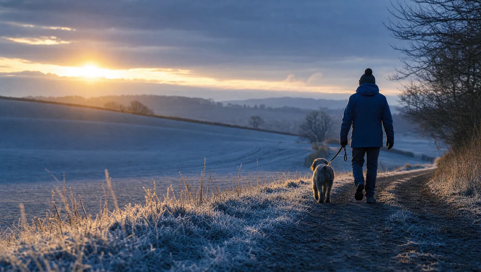 A figure walking a dog along a frosted verge at sunrise, low gold rim light across a blue-grey field.
