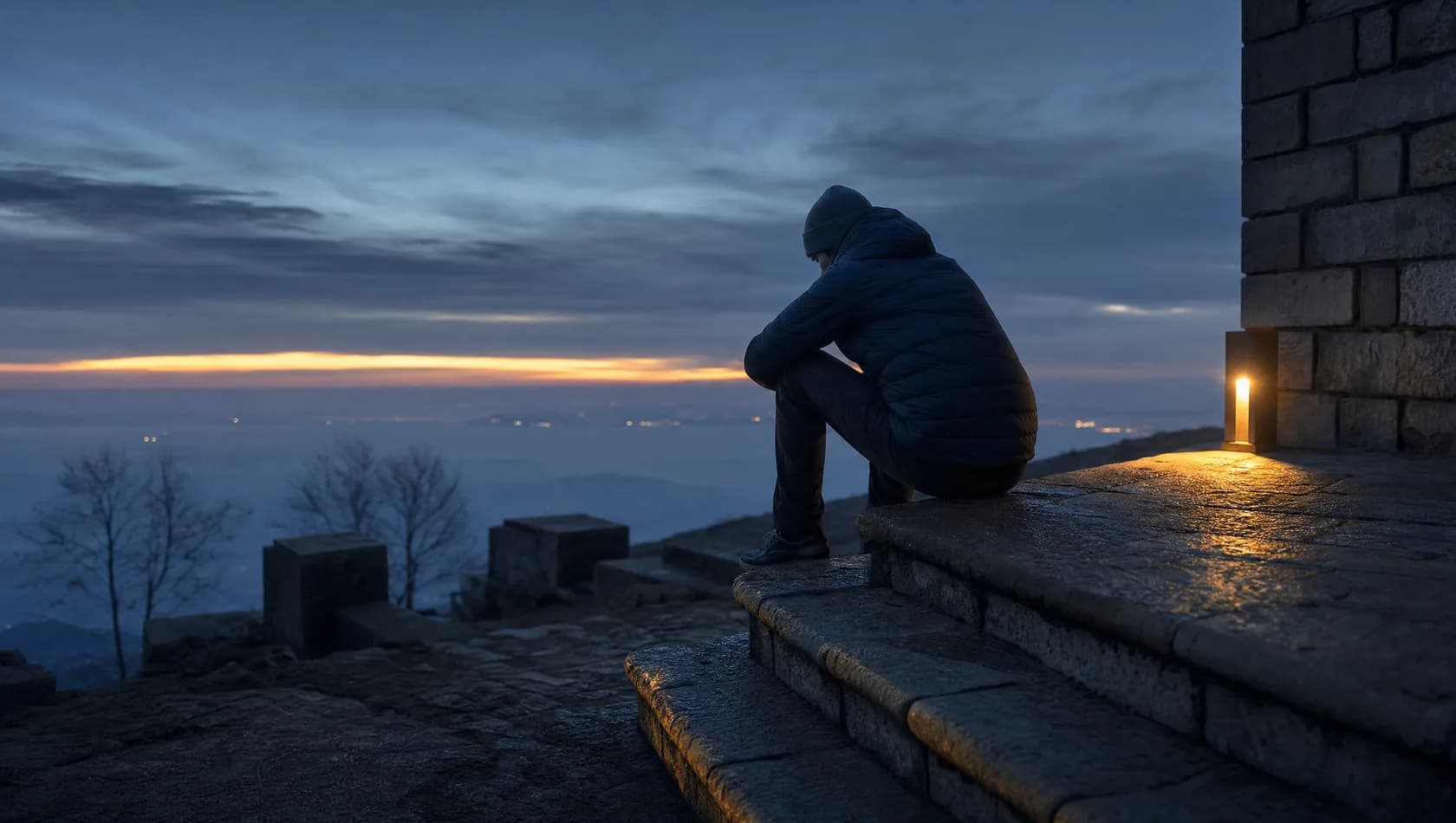 A person sitting on the top step of an outdoor stair at dawn, elbows on knees and head down, blue-grey stone with one gold edge.