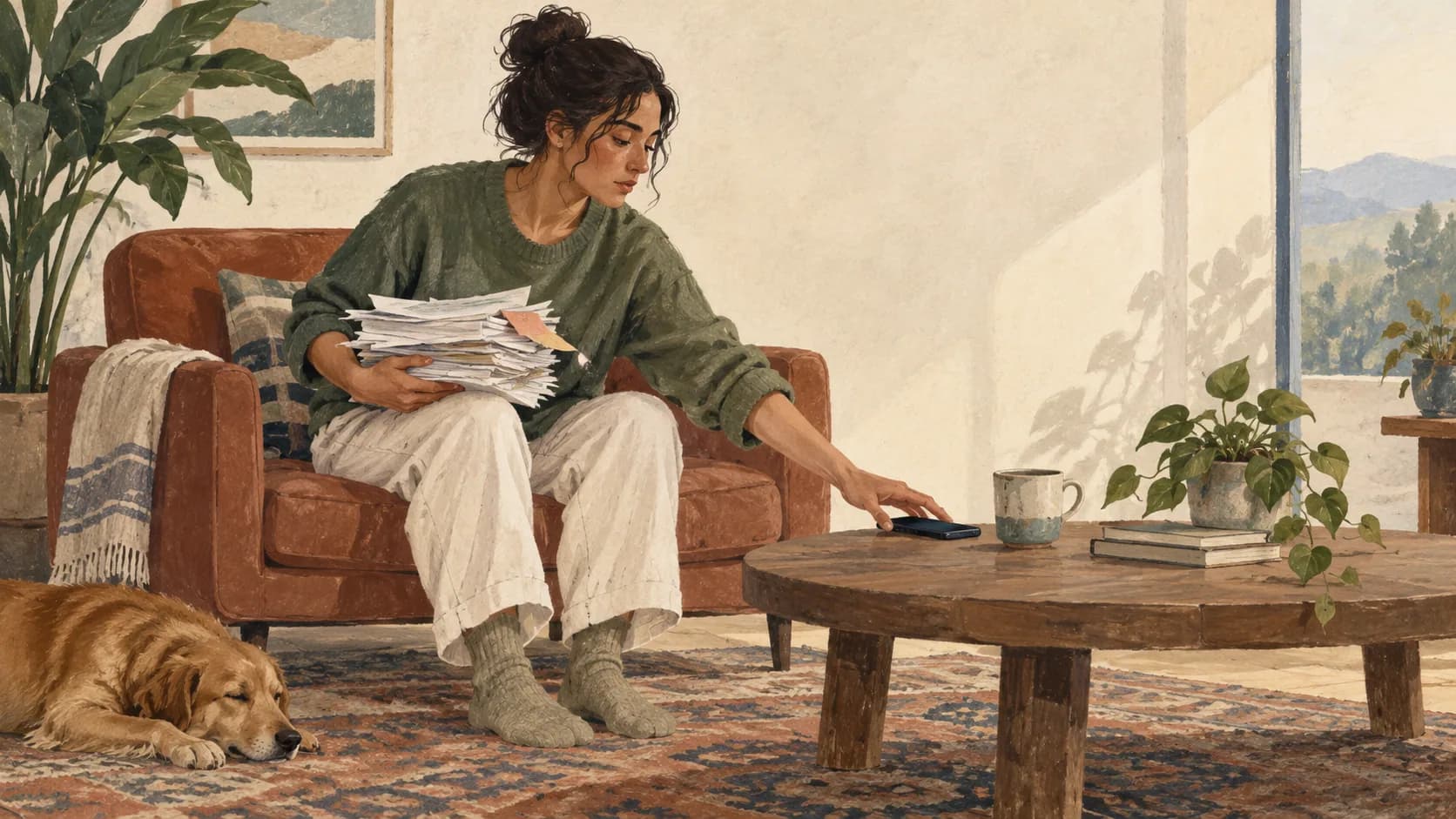 A person seated with both feet on a rug.