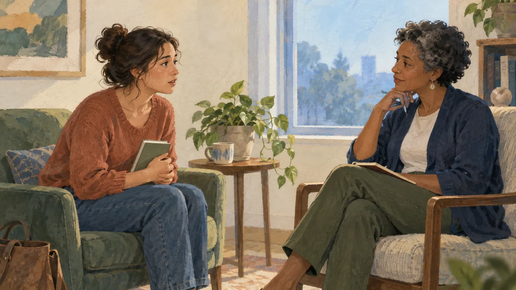 A person bringing a small notebook of concerns to a calm conversation with a professional.