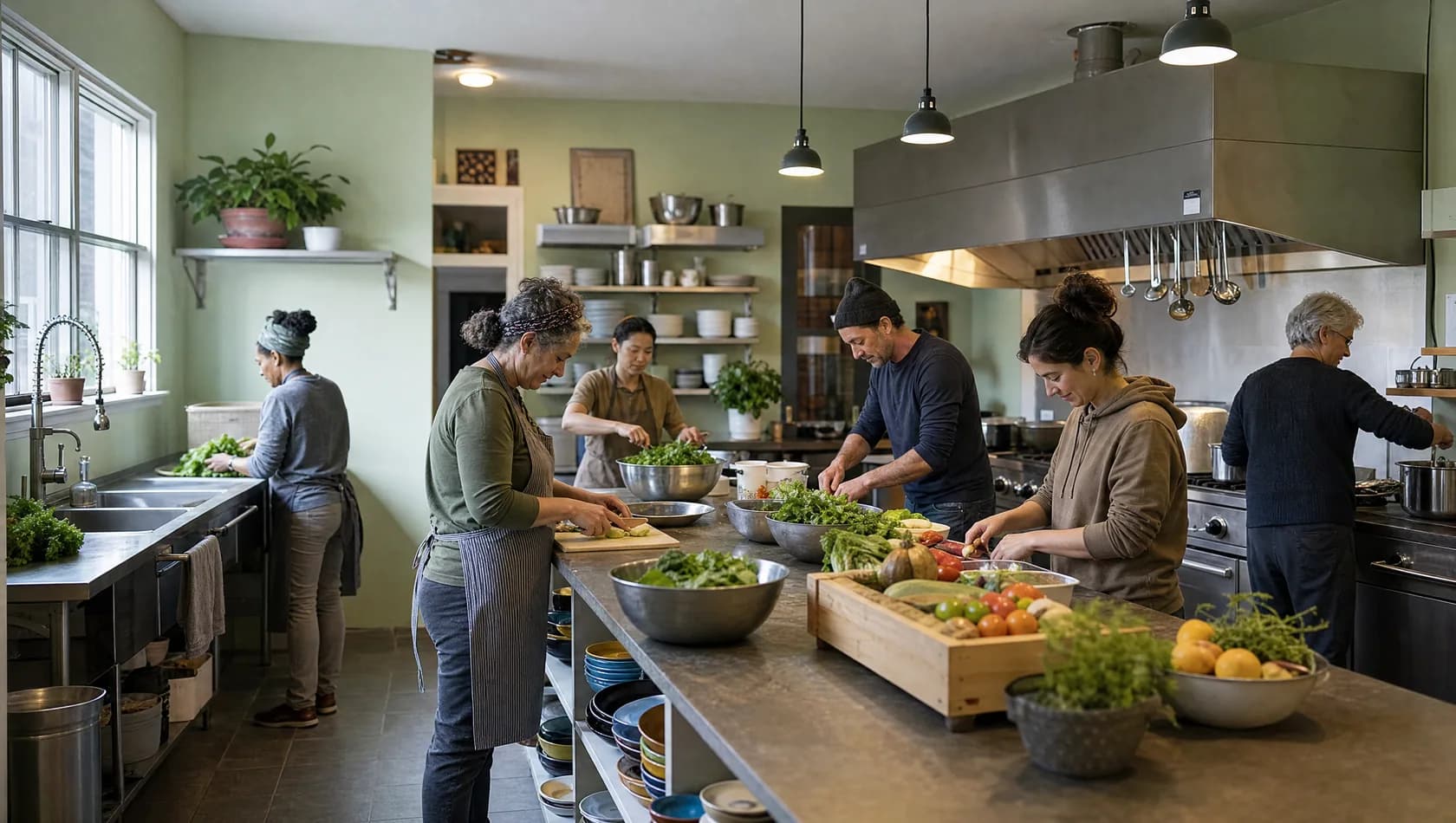 A community kitchen with adults preparing food along a long counter, middle distance, overhead and window light.
