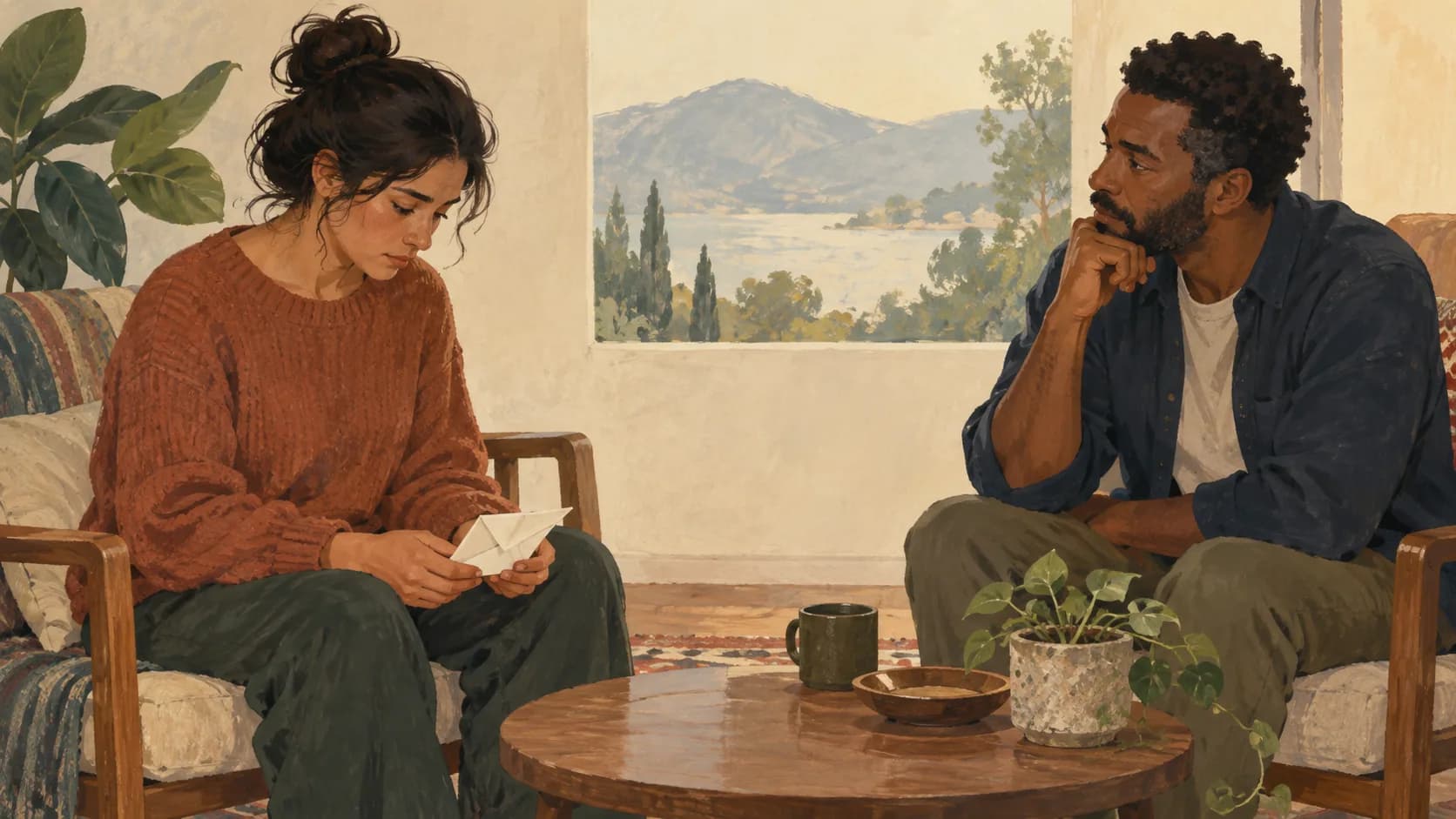 Two seated people with a folded note between them.