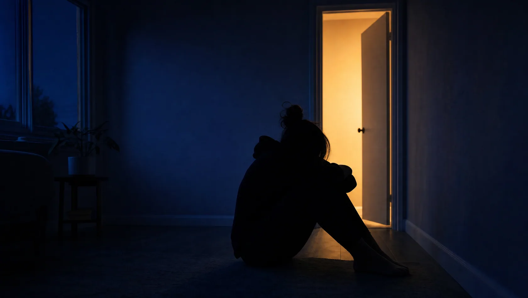 A figure sitting on the floor in the dark with their back to a lit doorway, deep blue room, no face visible.