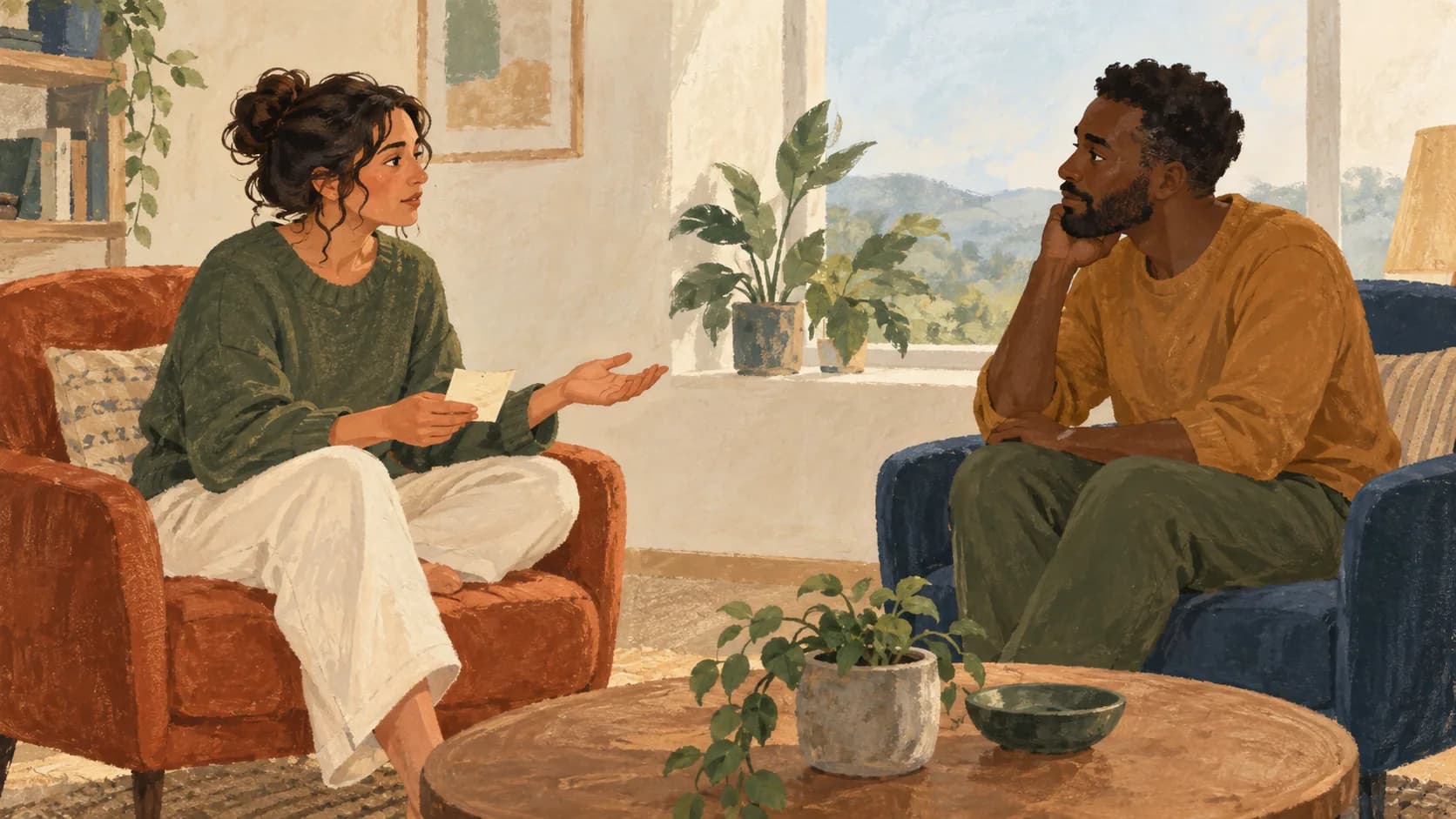 Two people seated in separate comfortable chairs.