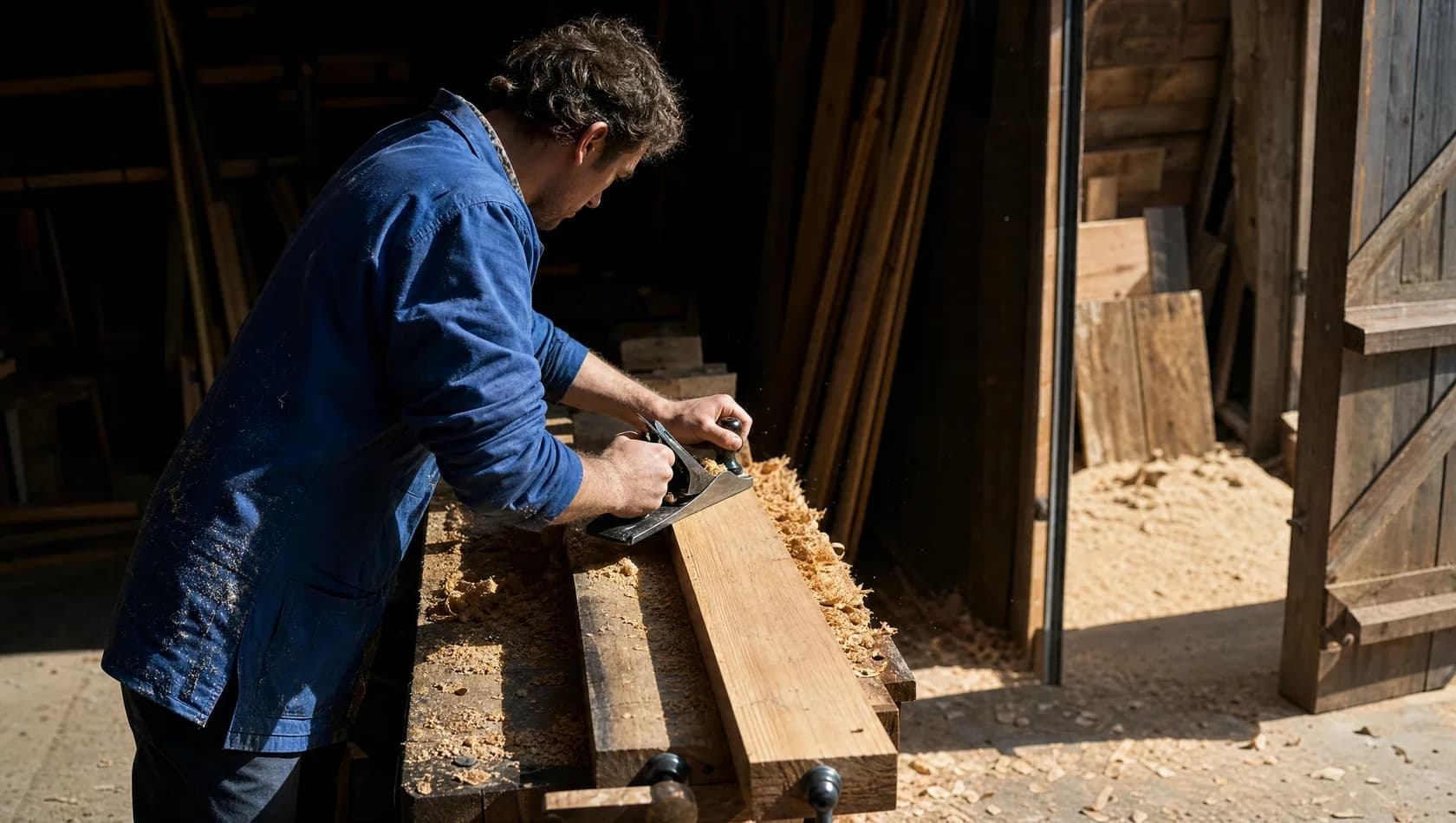 One person planing a board at an open workshop door, hard sunlight cutting across sawdust with deep shadow behind.