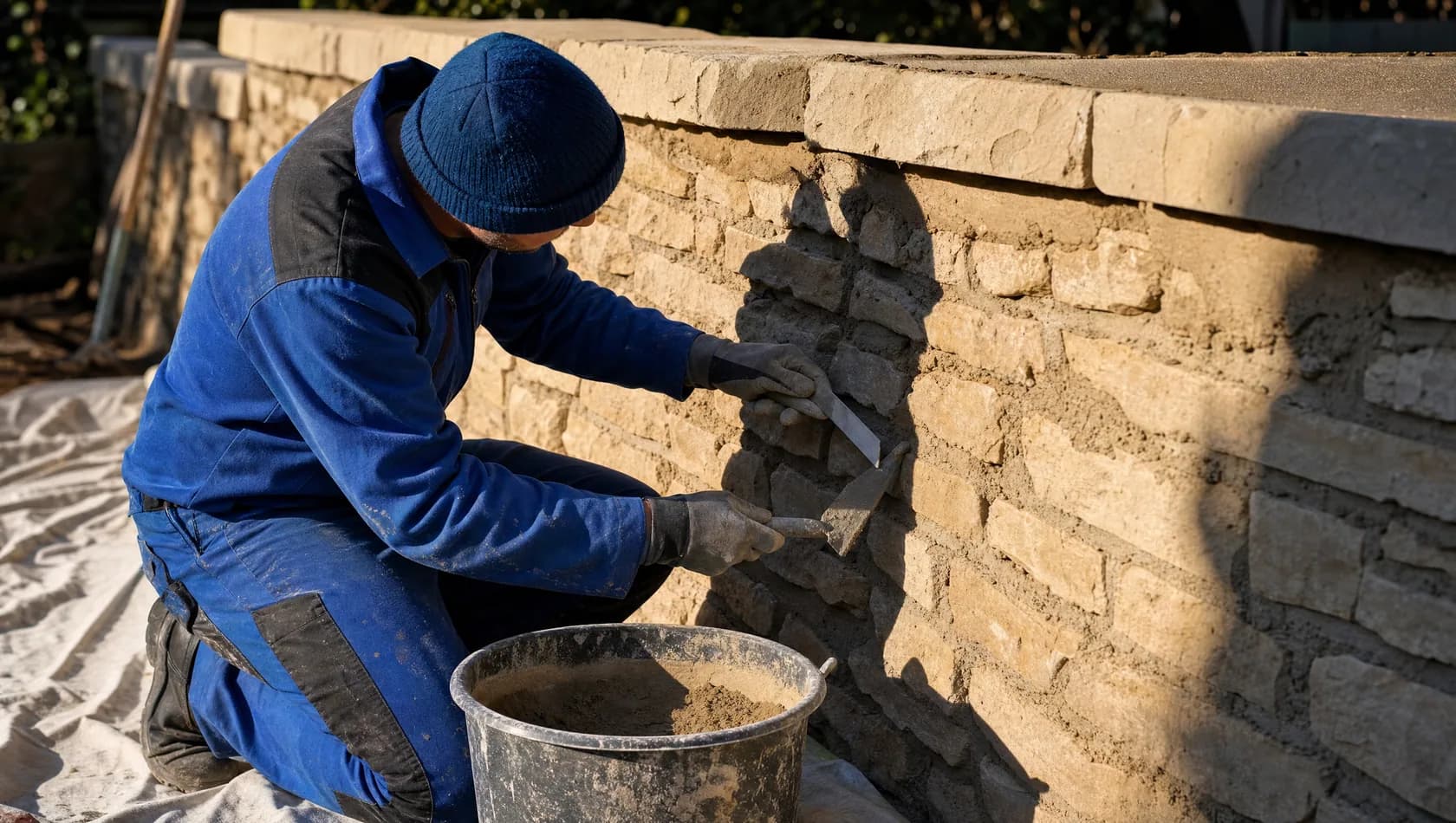 One person repointing a garden wall in strong afternoon sun, sharp shadow thrown by the coping stones.