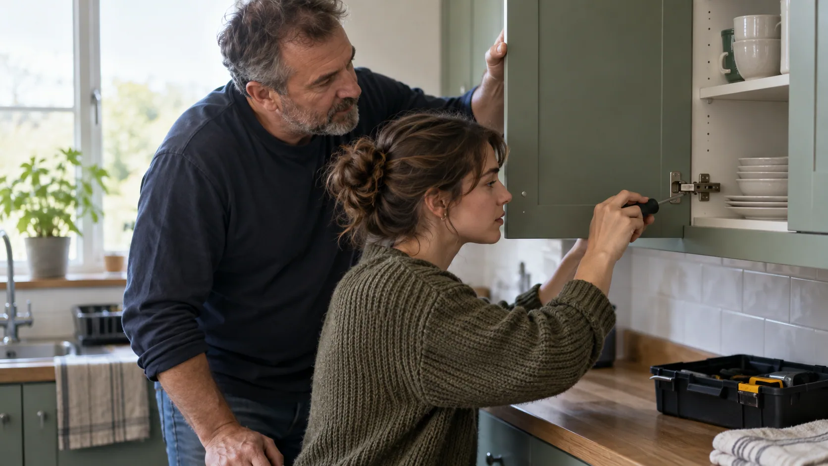 An adult father and grown daughter repairing a loose cupboard hinge together in an ordinary kitchen.