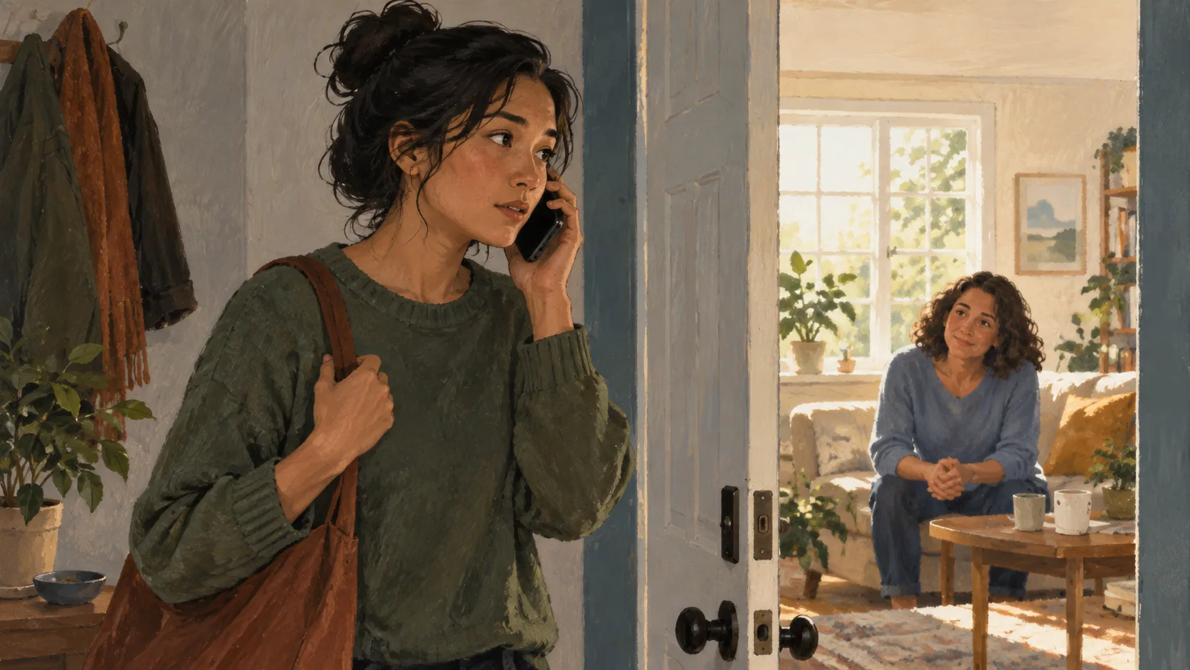 A person speaking quietly on a phone beside an open doorway into a well-lit room.