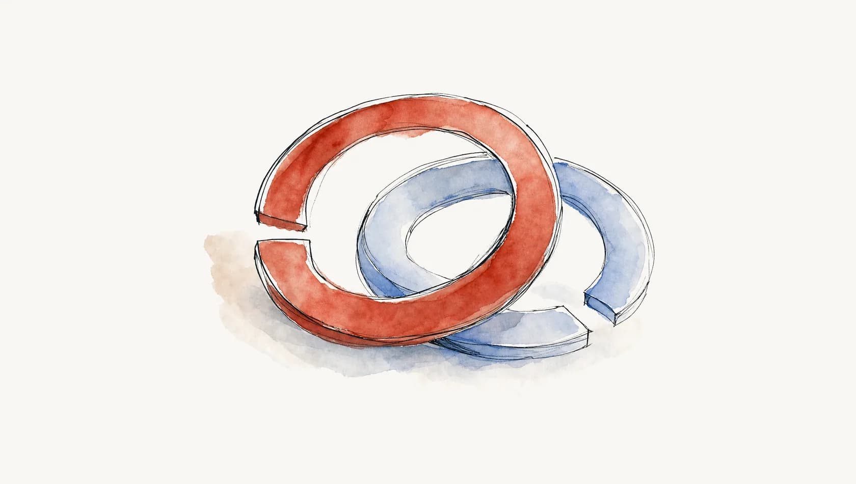 An ink-and-wash drawing: two loose interlocking rings, one drawn heavier and closing over the other, a clear gap opened at one side, washed brick red and pale blue.