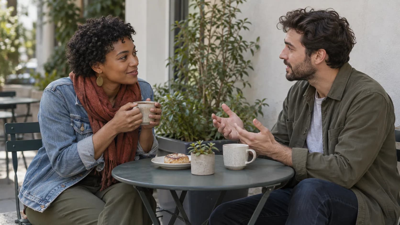 Two adults meeting for a daytime coffee at an outdoor cafe.