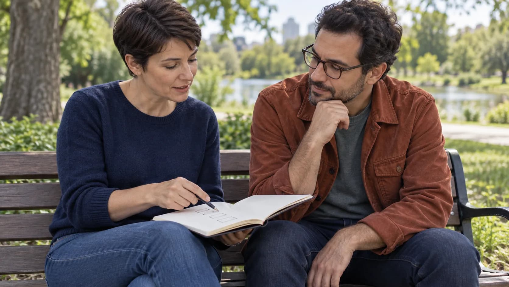 Two friends discussing options in a notebook on a park bench.
