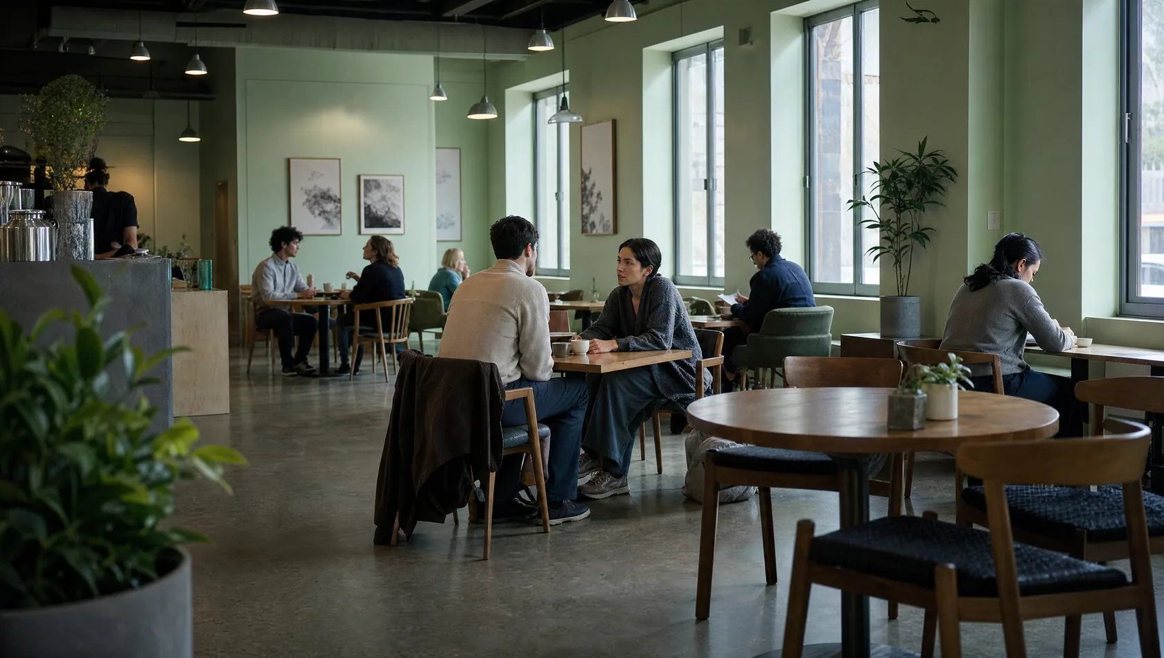 A cafe at middle distance with several tables occupied and two people at one of them, window light.