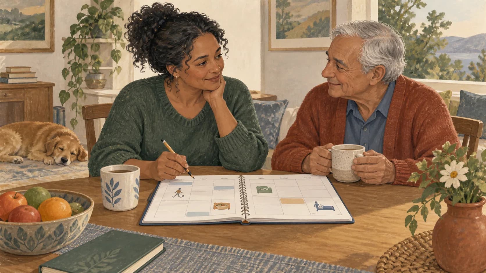 A caregiver's simple calendar with distinct space for an older relative's appointment and the caregiver's own meal and rest.