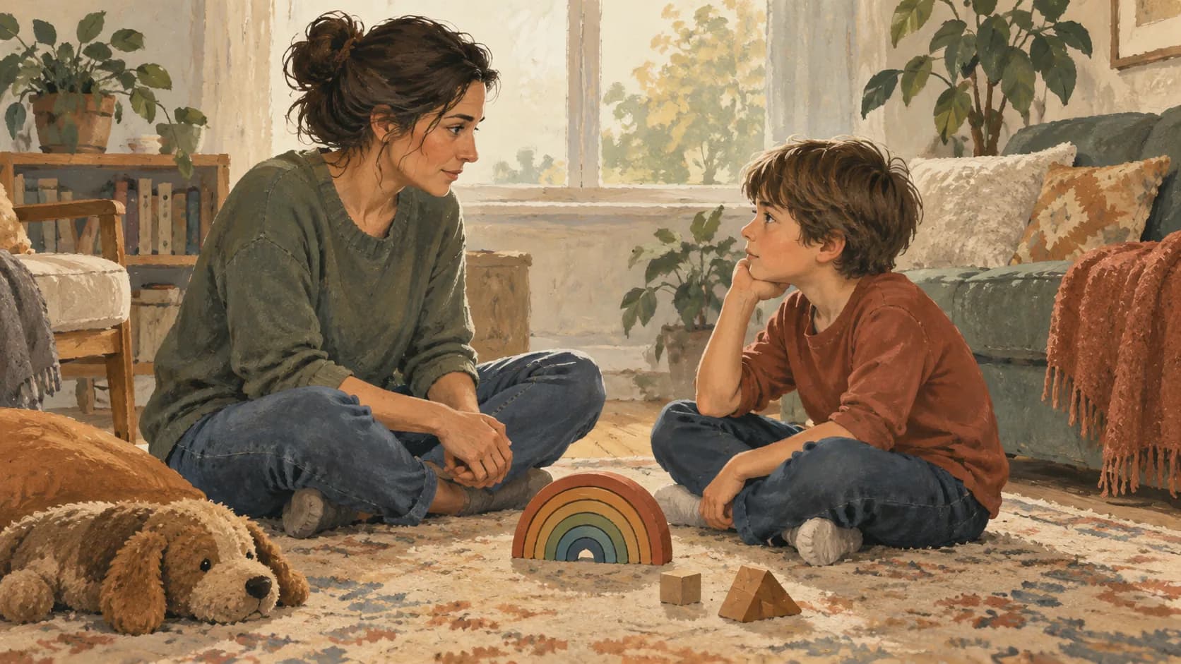 A parent and school-age child sitting at equal eye level on a living-room rug.