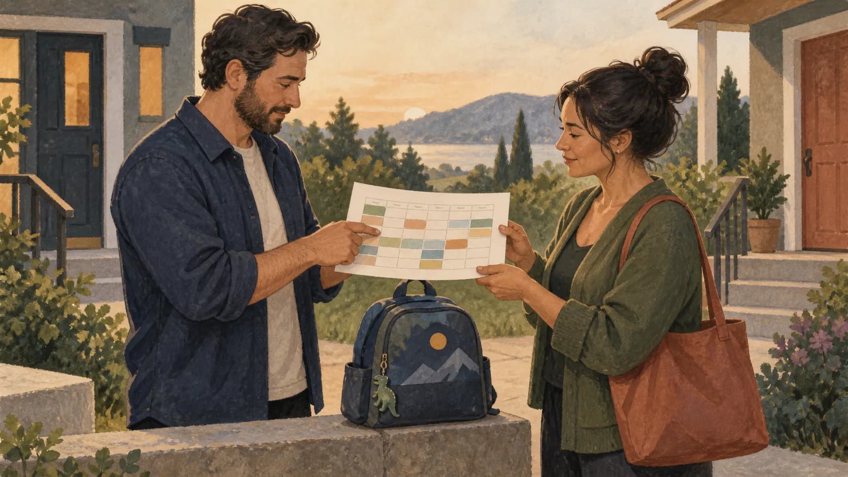 Two adults each holding the same shared weekly schedule with a child's backpack between them.