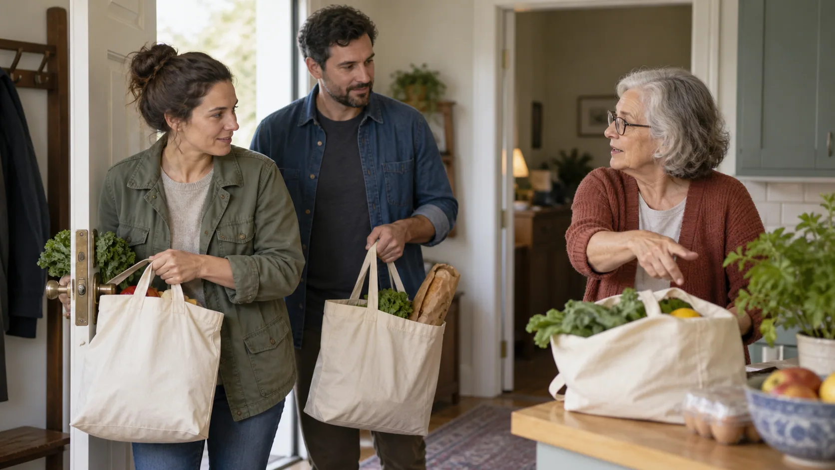 Two adult siblings of different ages carrying grocery bags into an older relative's home while the relative directs where things go.
