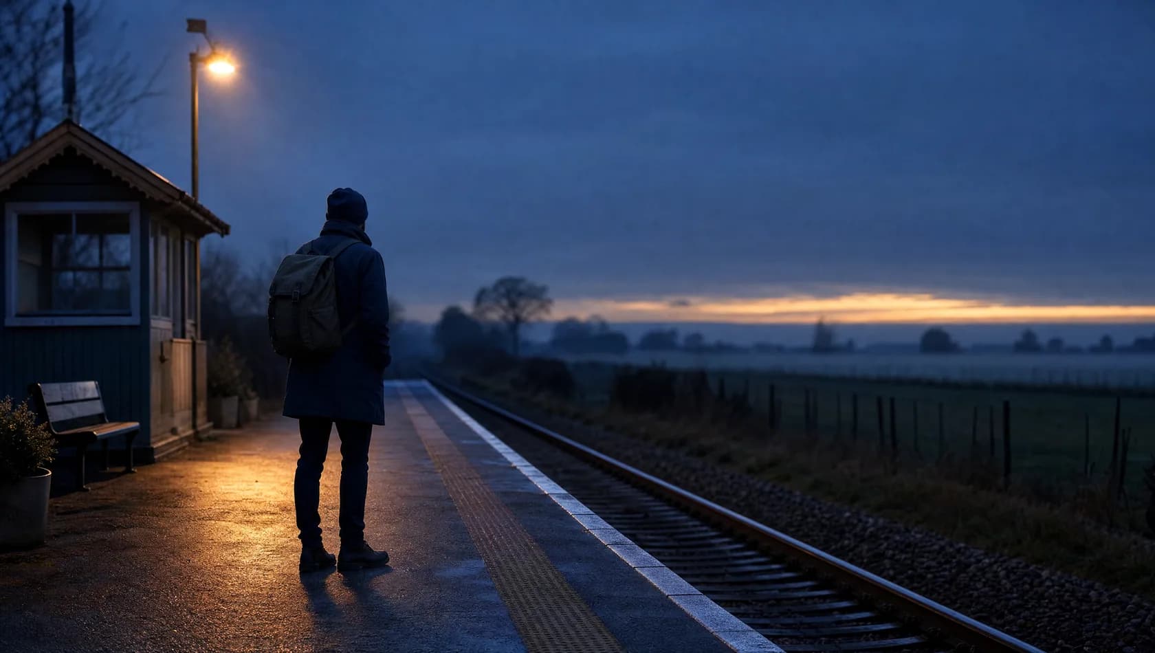 A person waiting alone at a small railway platform before dawn under a single lamp, cold blue along the platform edge.
