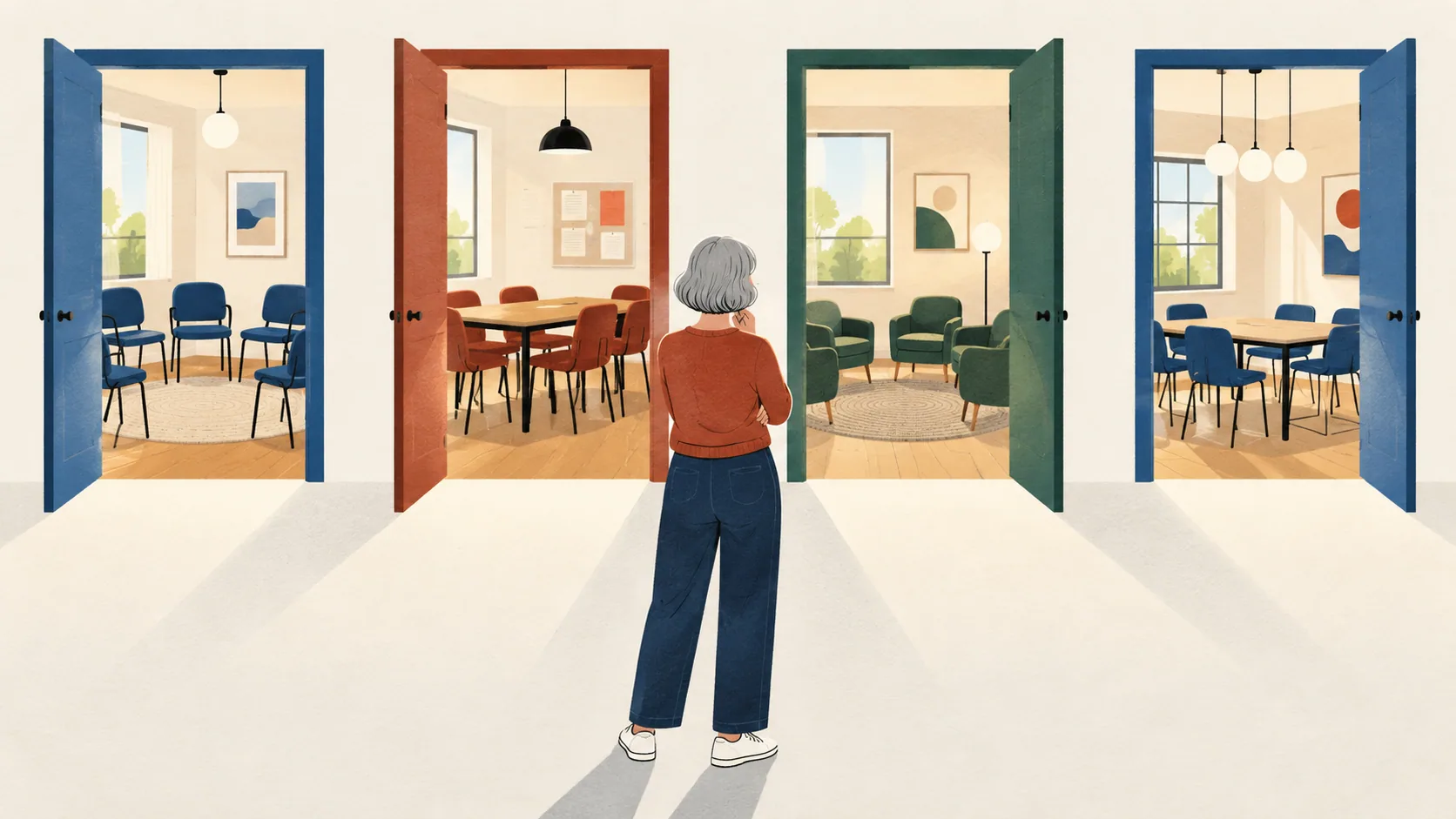 A person considering several welcoming meeting spaces.