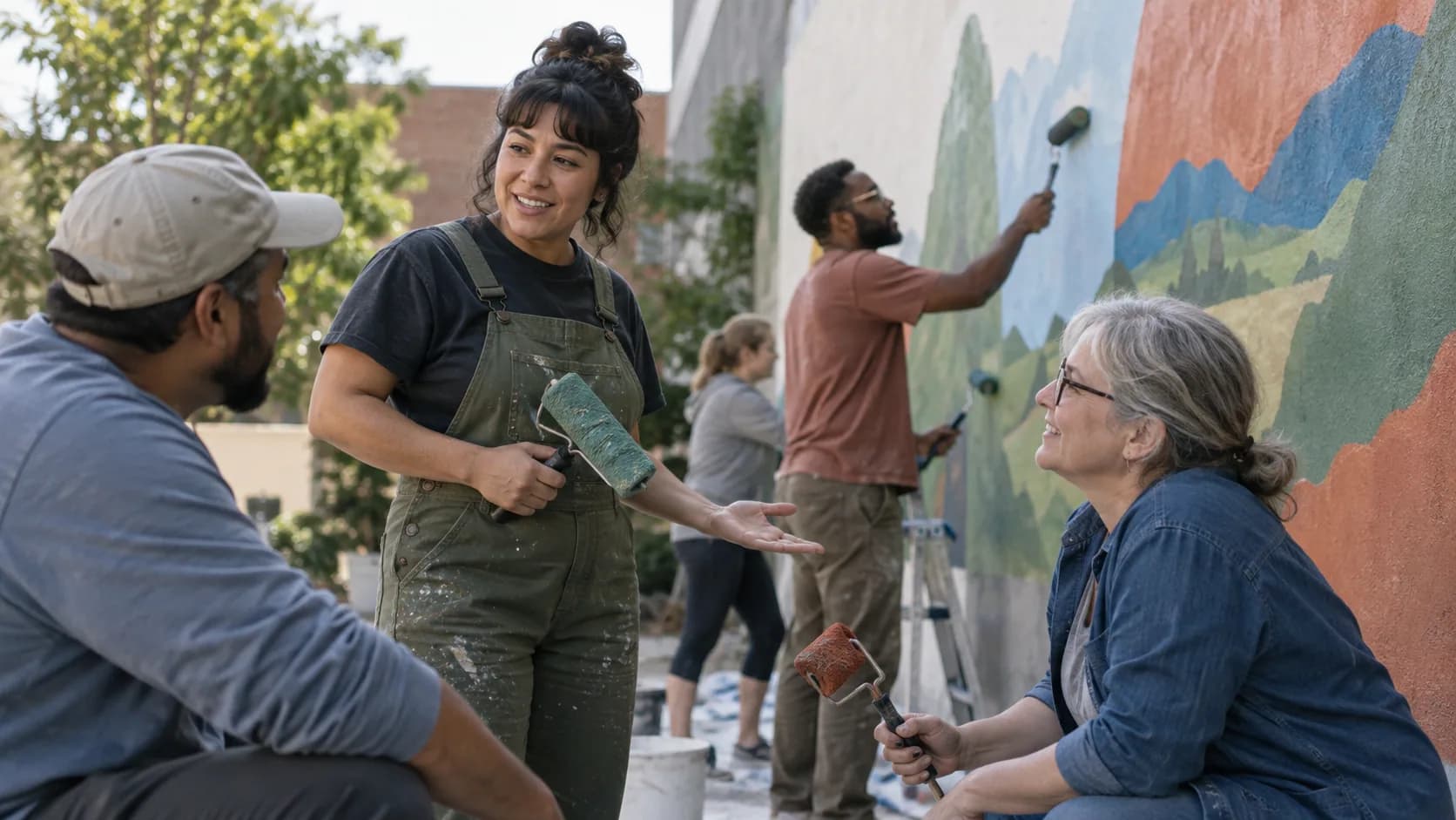 Several adults assembling a neighborhood mural with paint rollers at a community art wall.