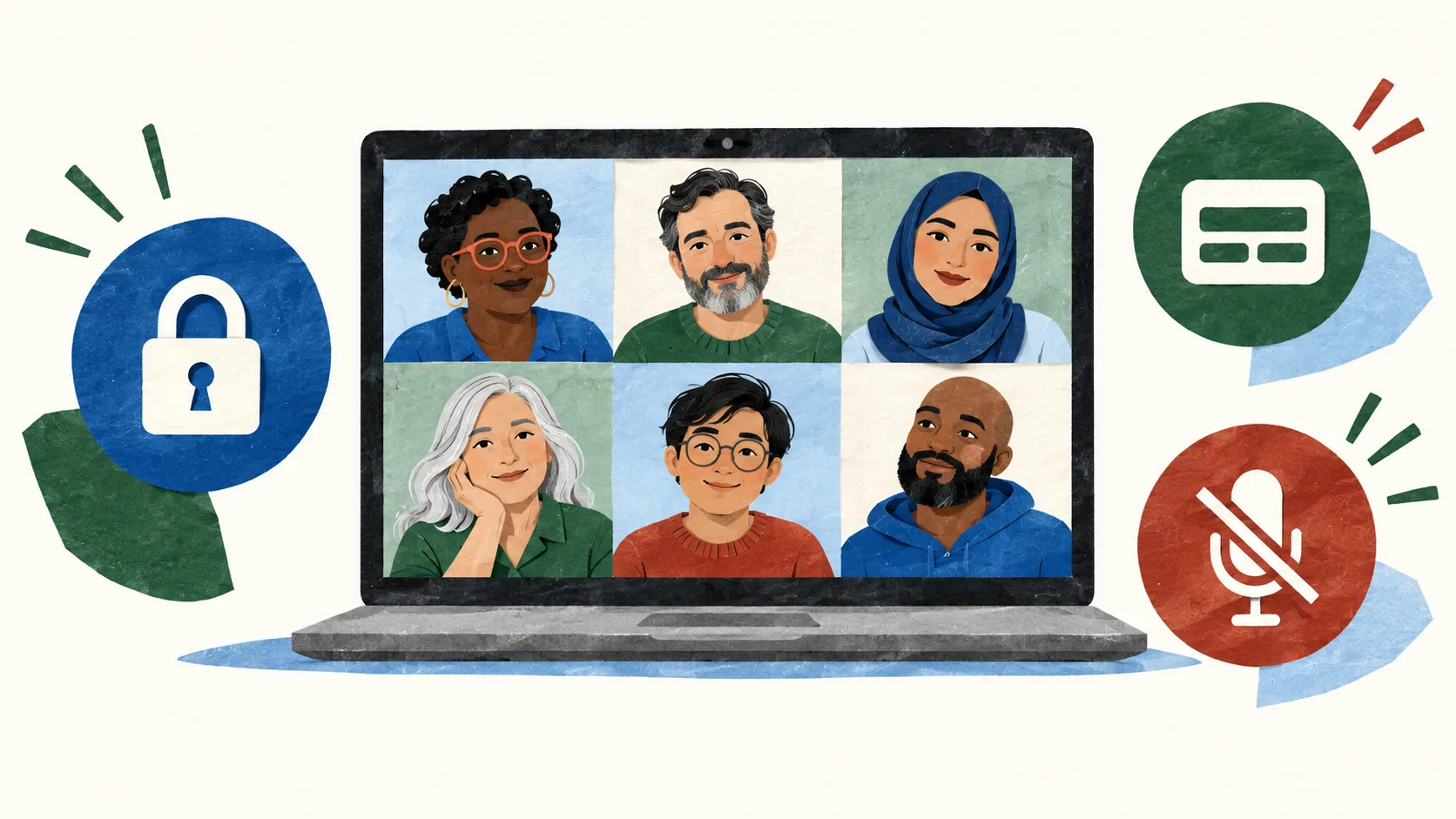 A video support group beside privacy, captions and mute symbols.