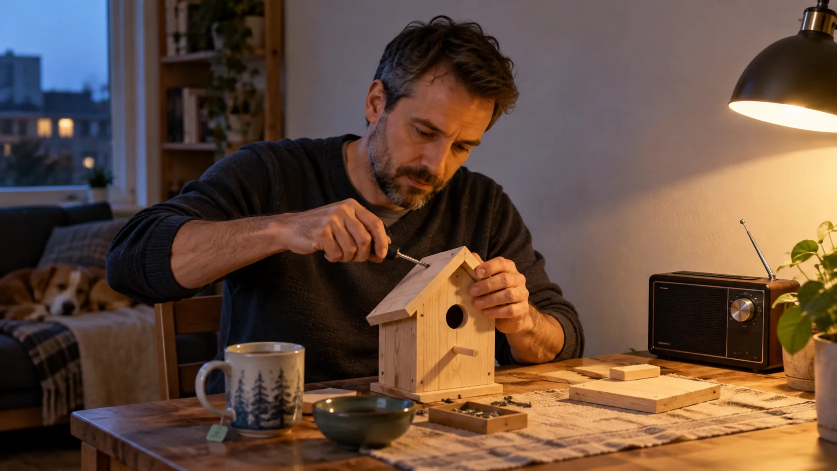 A man in his forties assembling a small wooden birdhouse at an apartment table in evening lamplight.