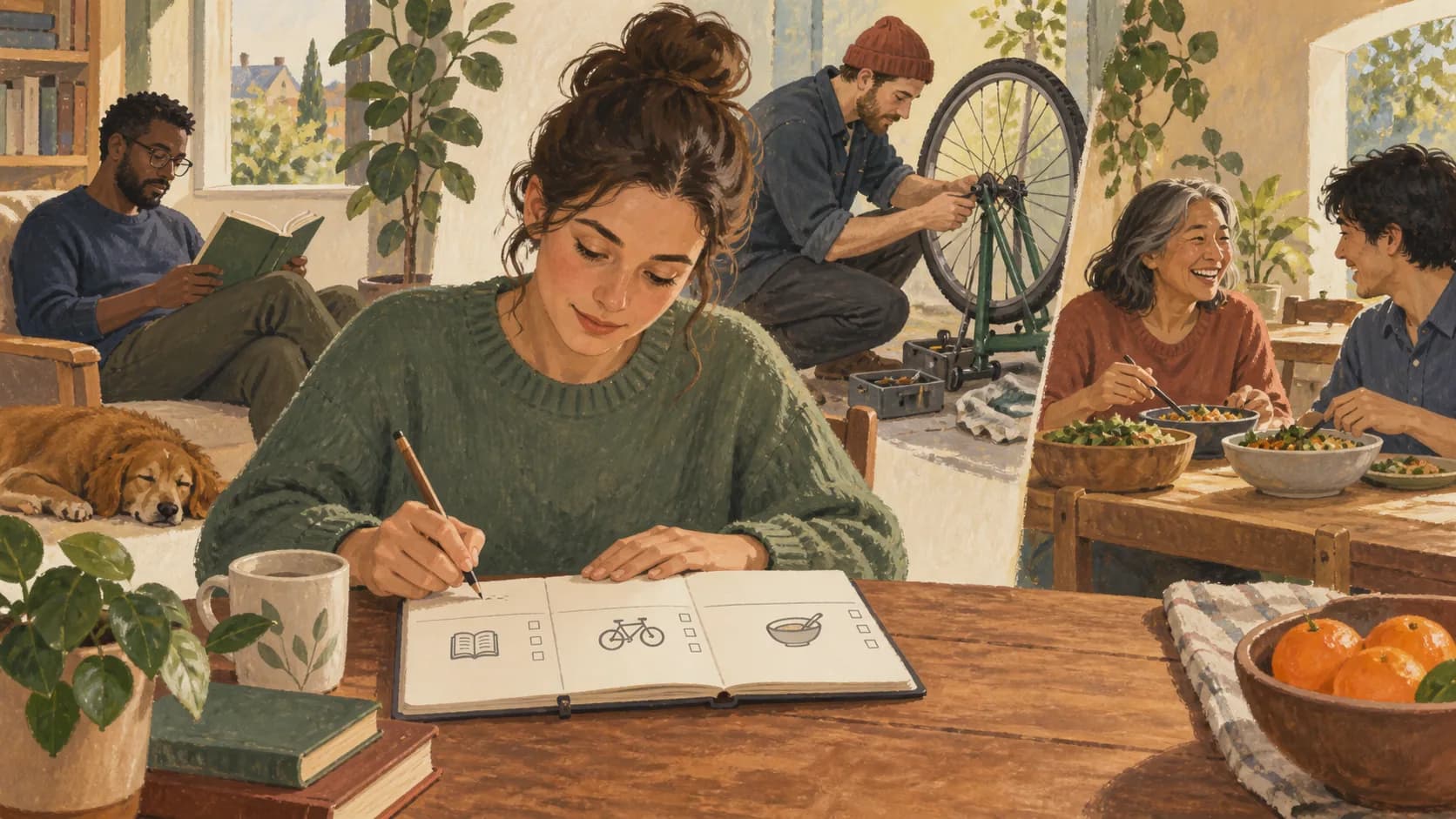A person marking a few ordinary commitments with a library book.