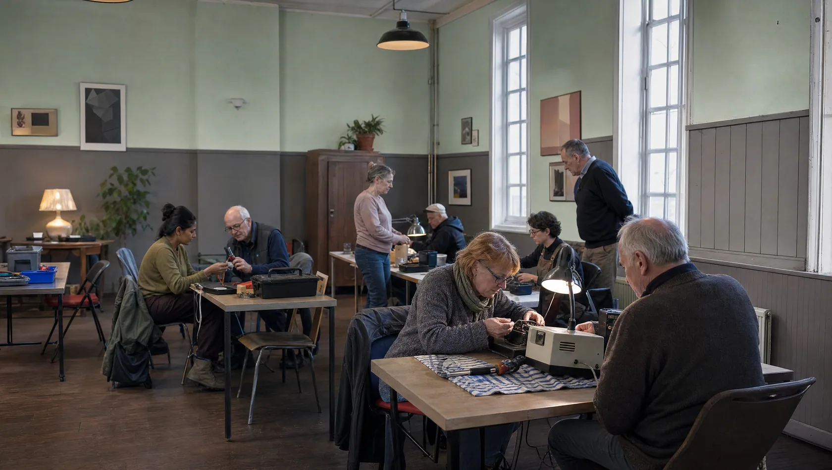 A repair cafe in a community hall: adults at tables with hand tools and lamps, work in progress, mixed light.