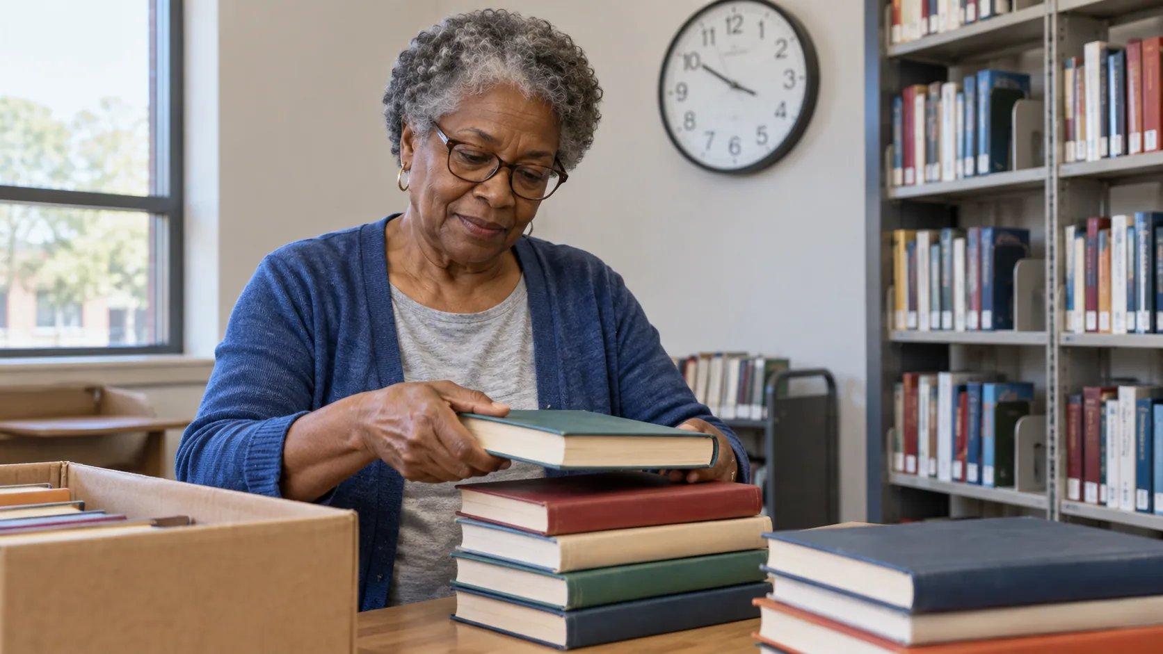A volunteer sorting a small stack of library books.
