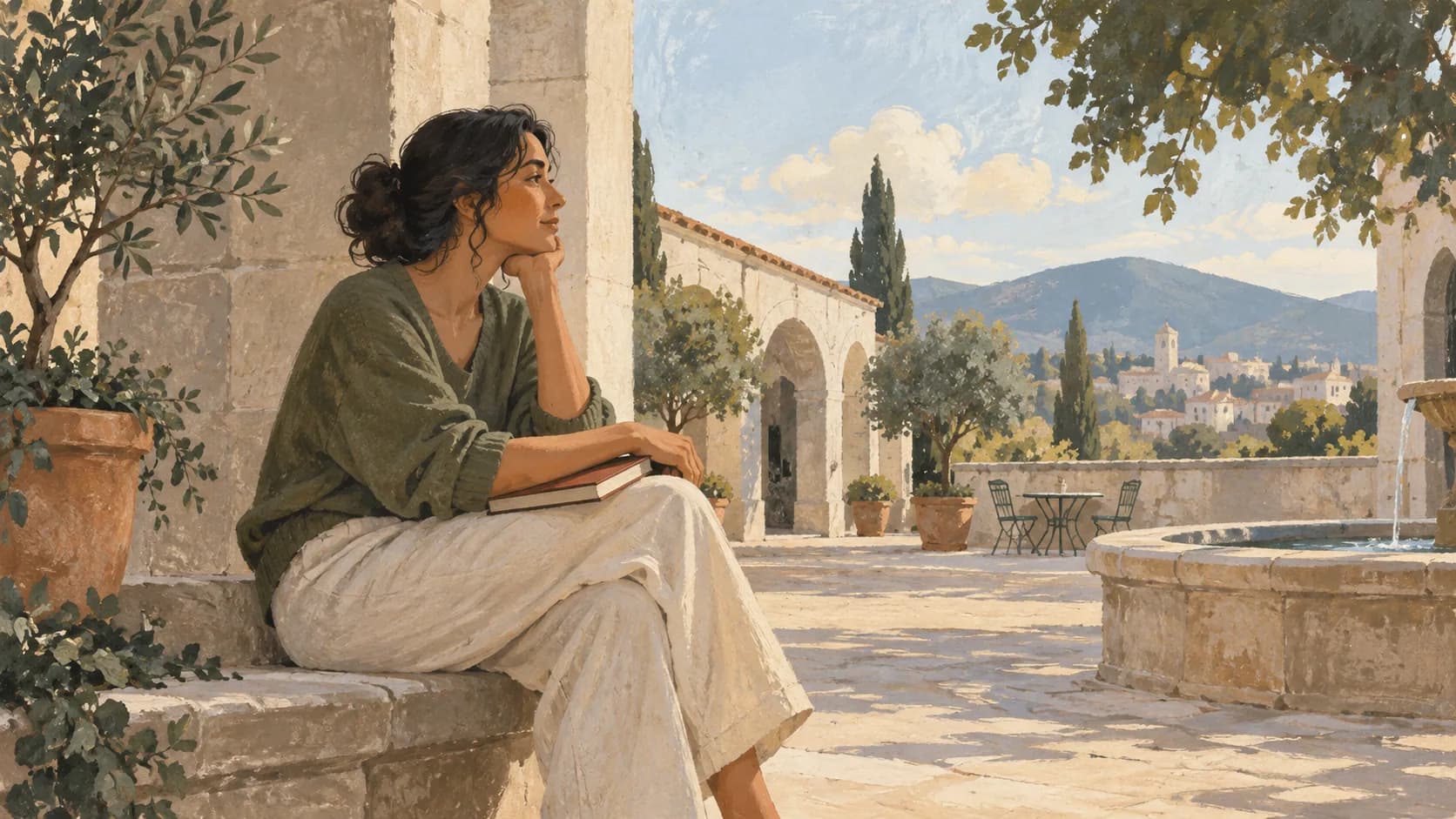 A person sitting quietly in an open public courtyard with a book closed on their lap.