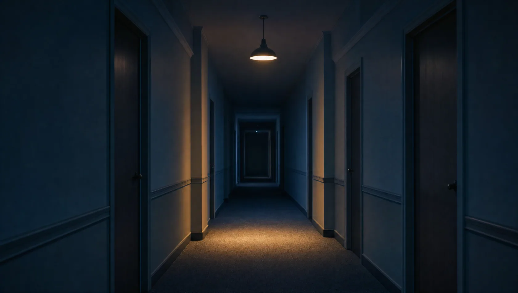 A long corridor at night lit by a single overhead fitting, closed doors receding into the dark, no people.