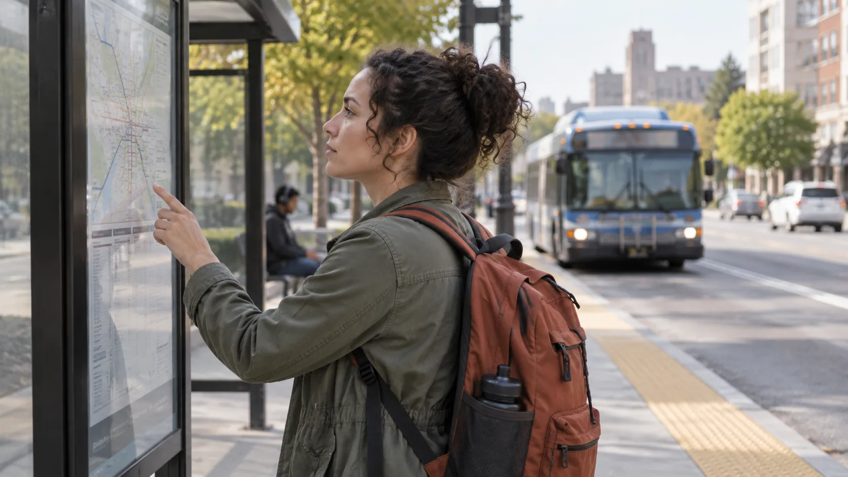 A woman checking a bus stop map in daylight with a practical backpack.