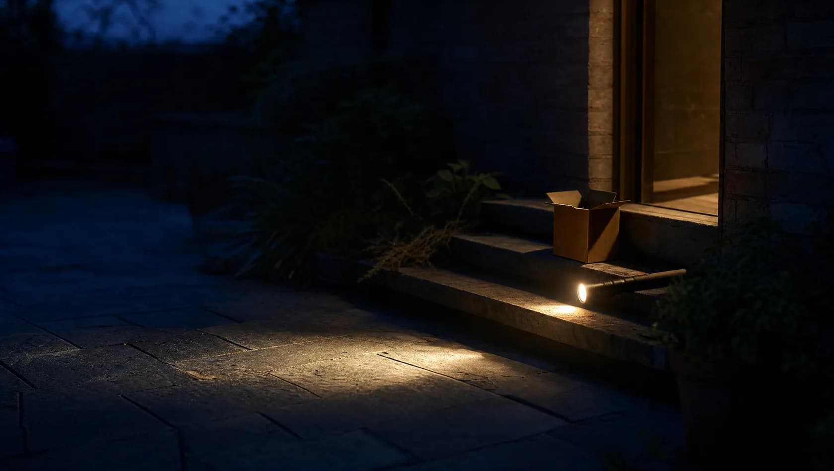 A back step at night with a torch lying switched on beside an open empty box, its beam thrown across the paving.