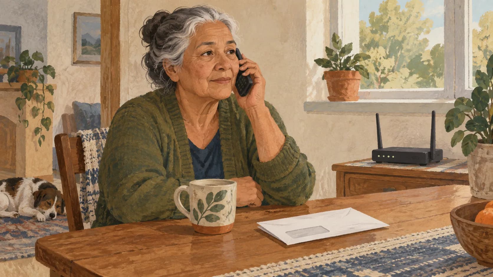 An older person using a basic phone beside a modest home router and a small bill envelope.