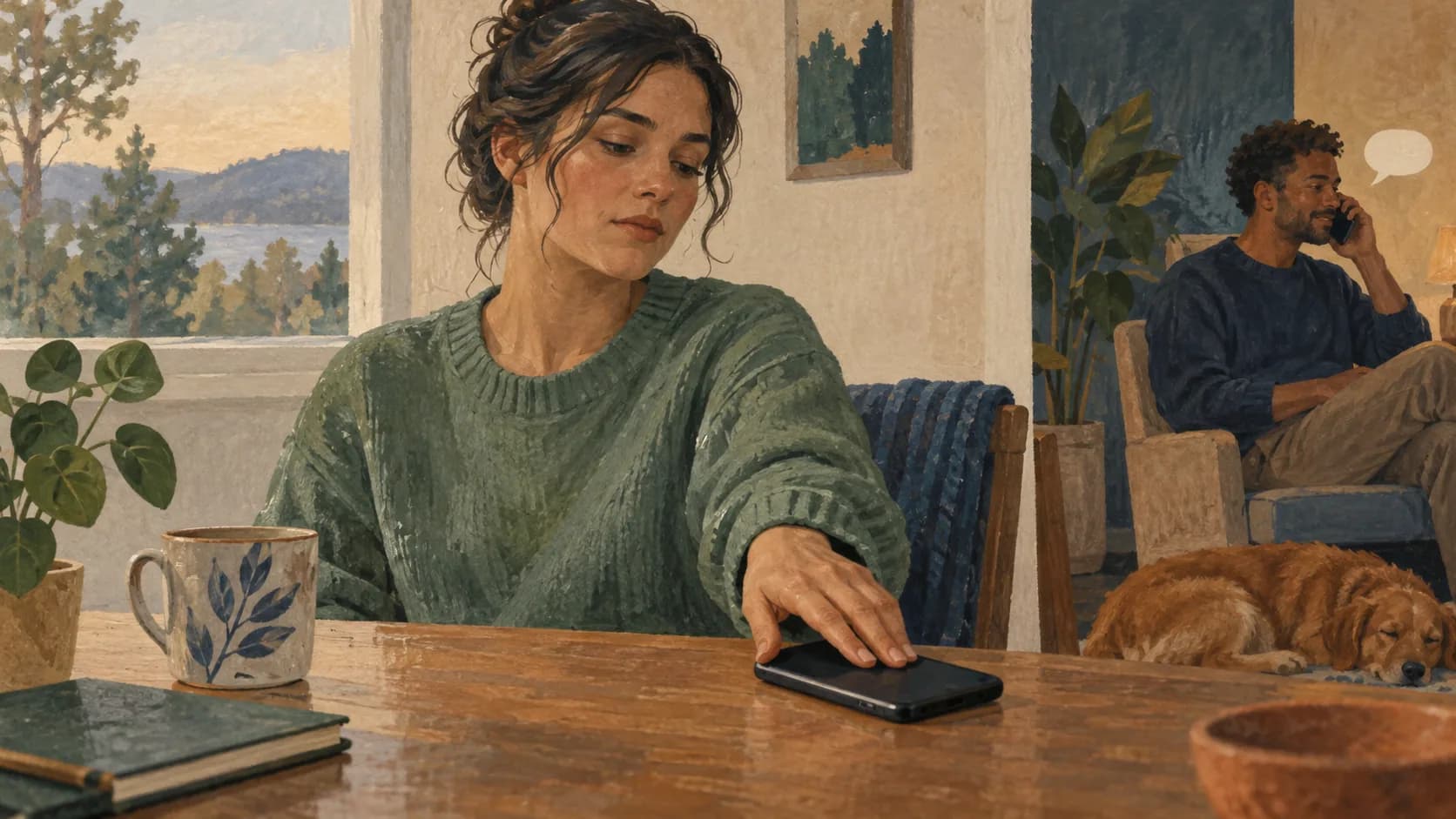 A person turning a phone face down after seeing an old message.