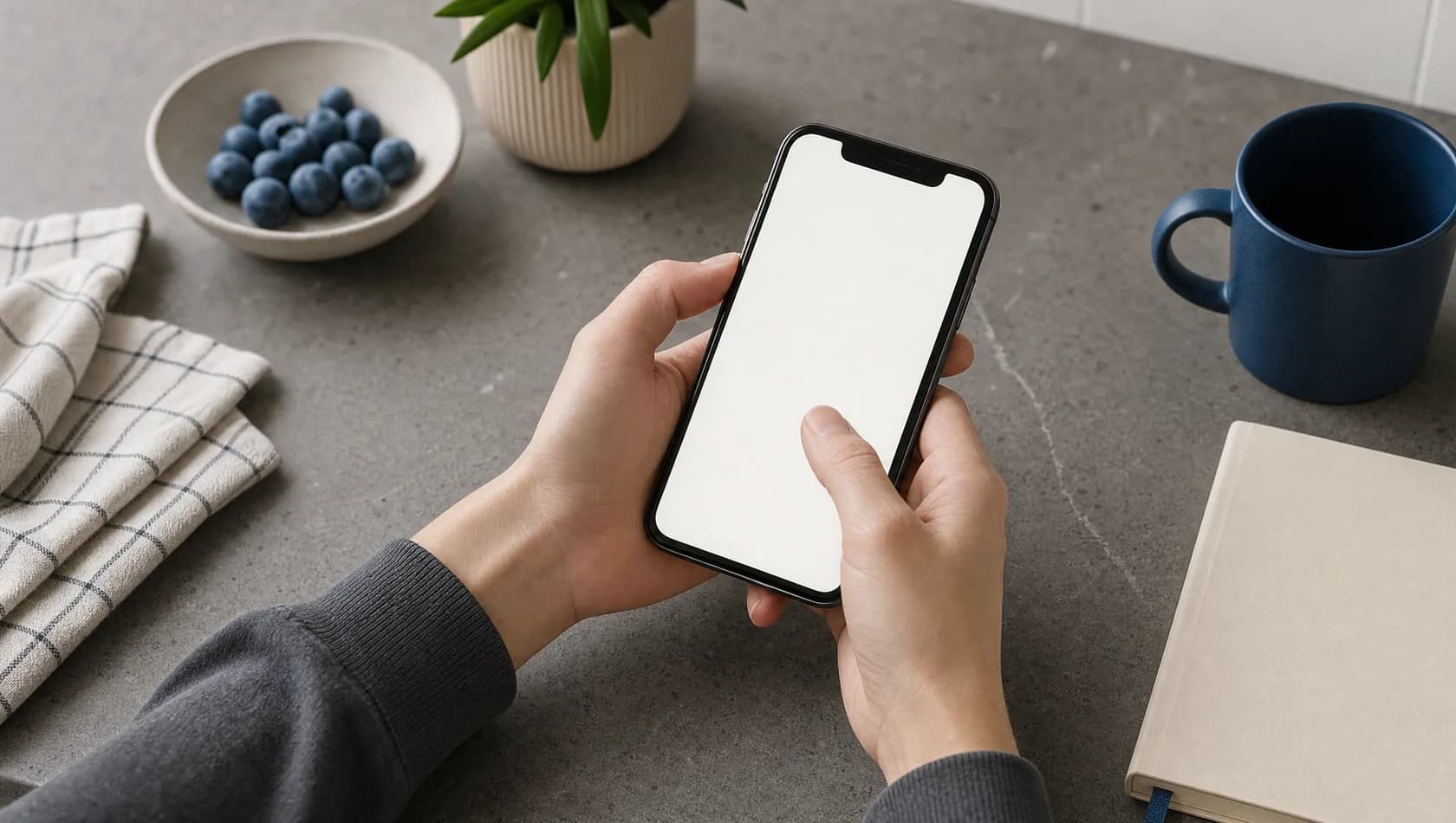 Close up: a thumb hovering over a blank phone screen held in one hand above a kitchen worktop.