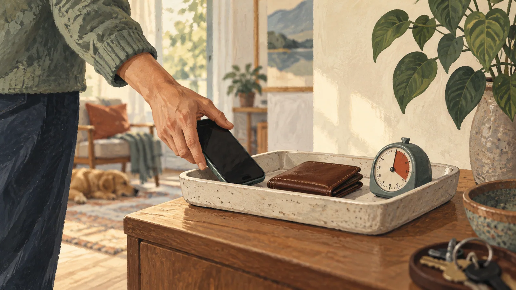A hand setting a phone into a shallow tray beside a wallet and a kitchen timer.