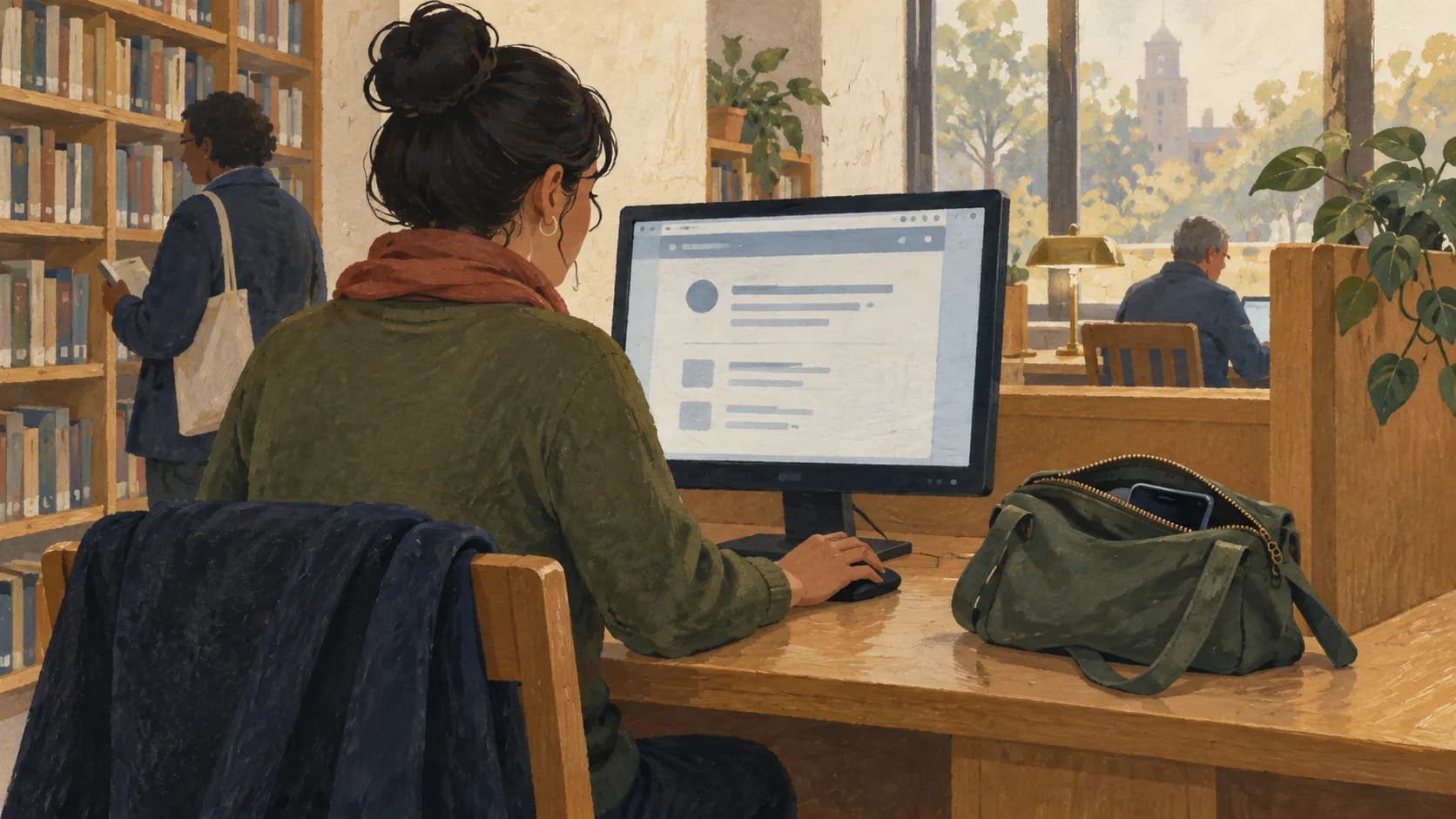 A person using a public library computer with a plain help page while their personal phone stays zipped in a bag.