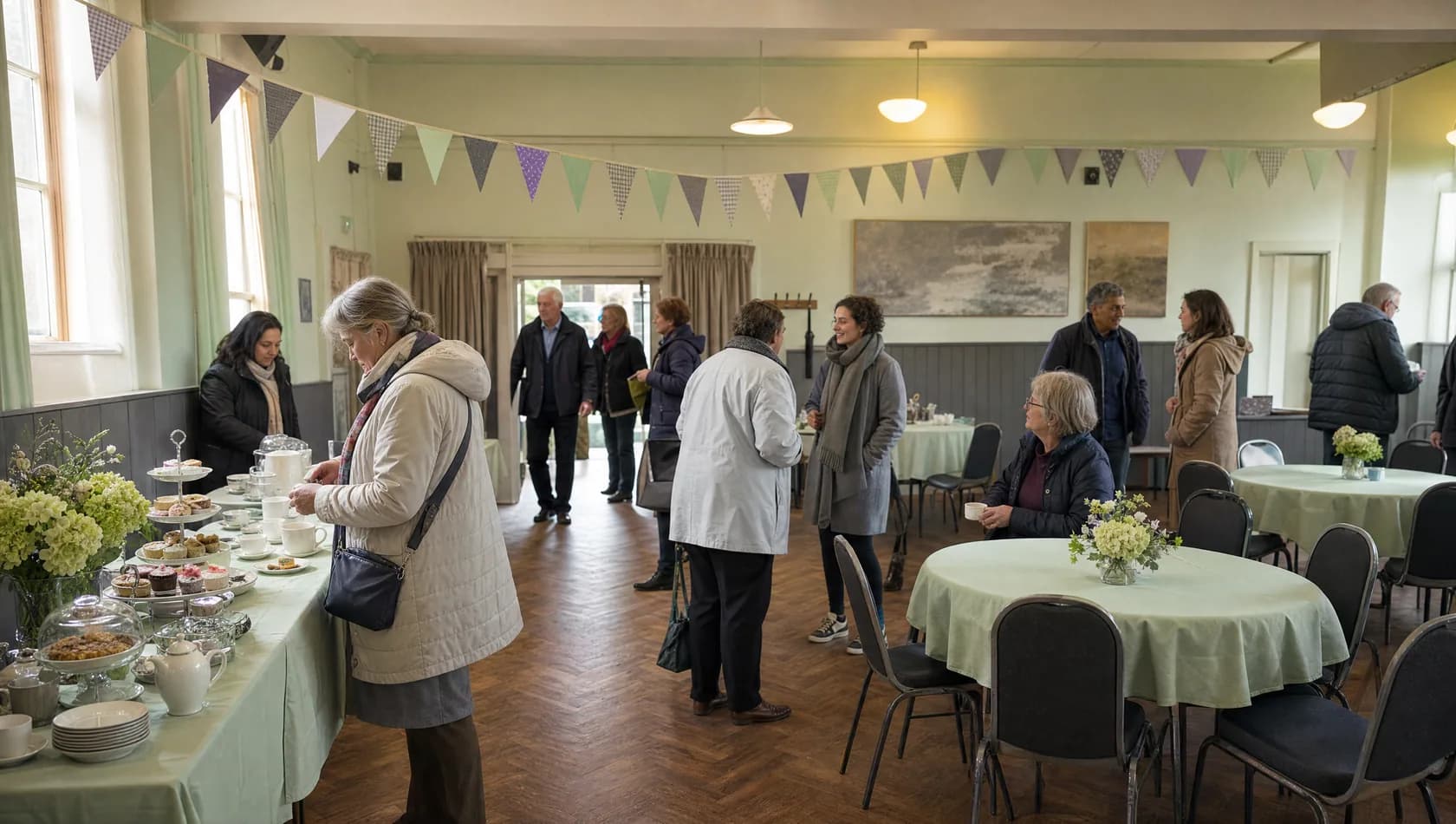 A hall set for a celebration with round tables, bunting and a long tea table, guests arriving in coats.