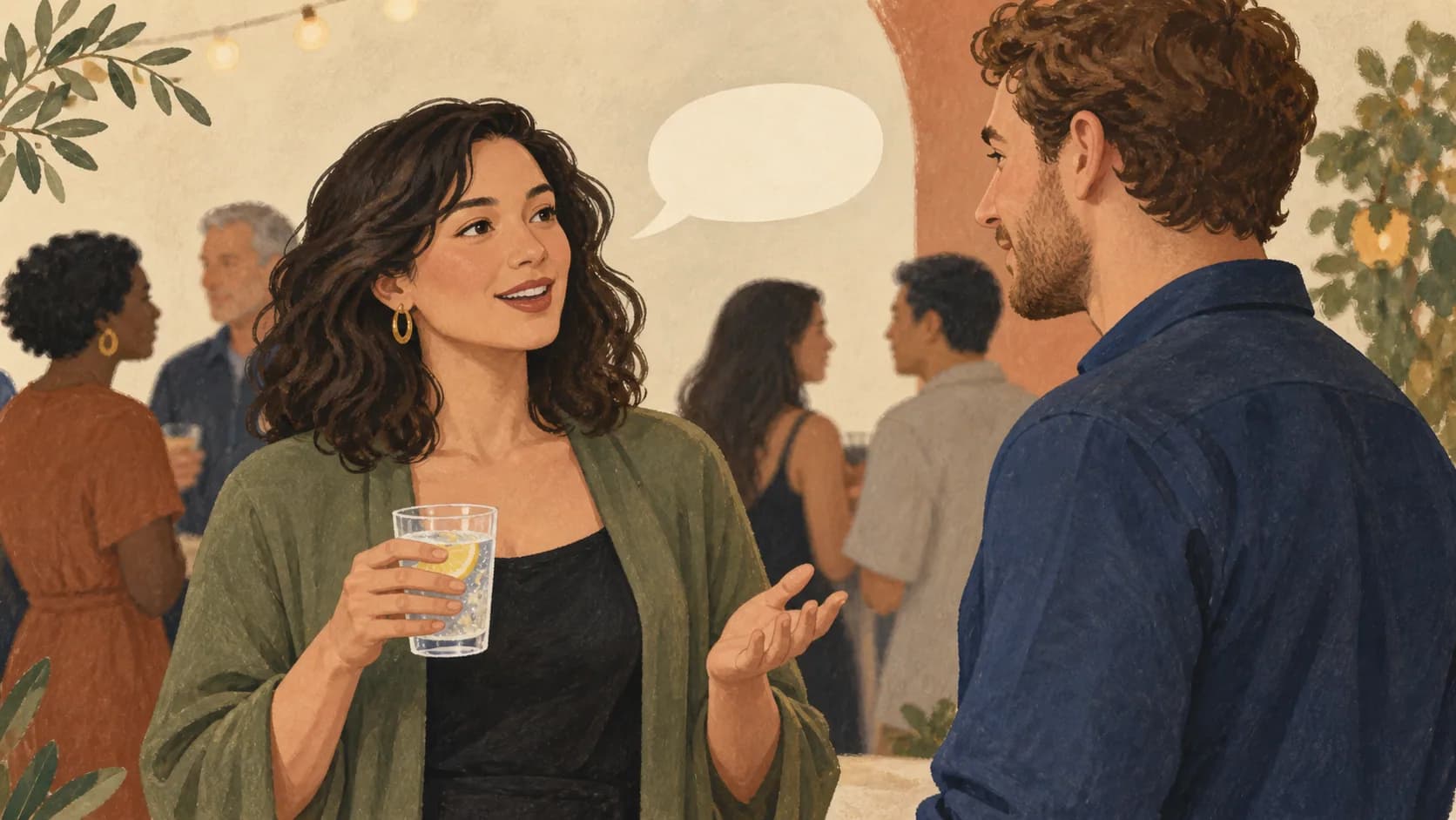 Two people chatting at a gathering.