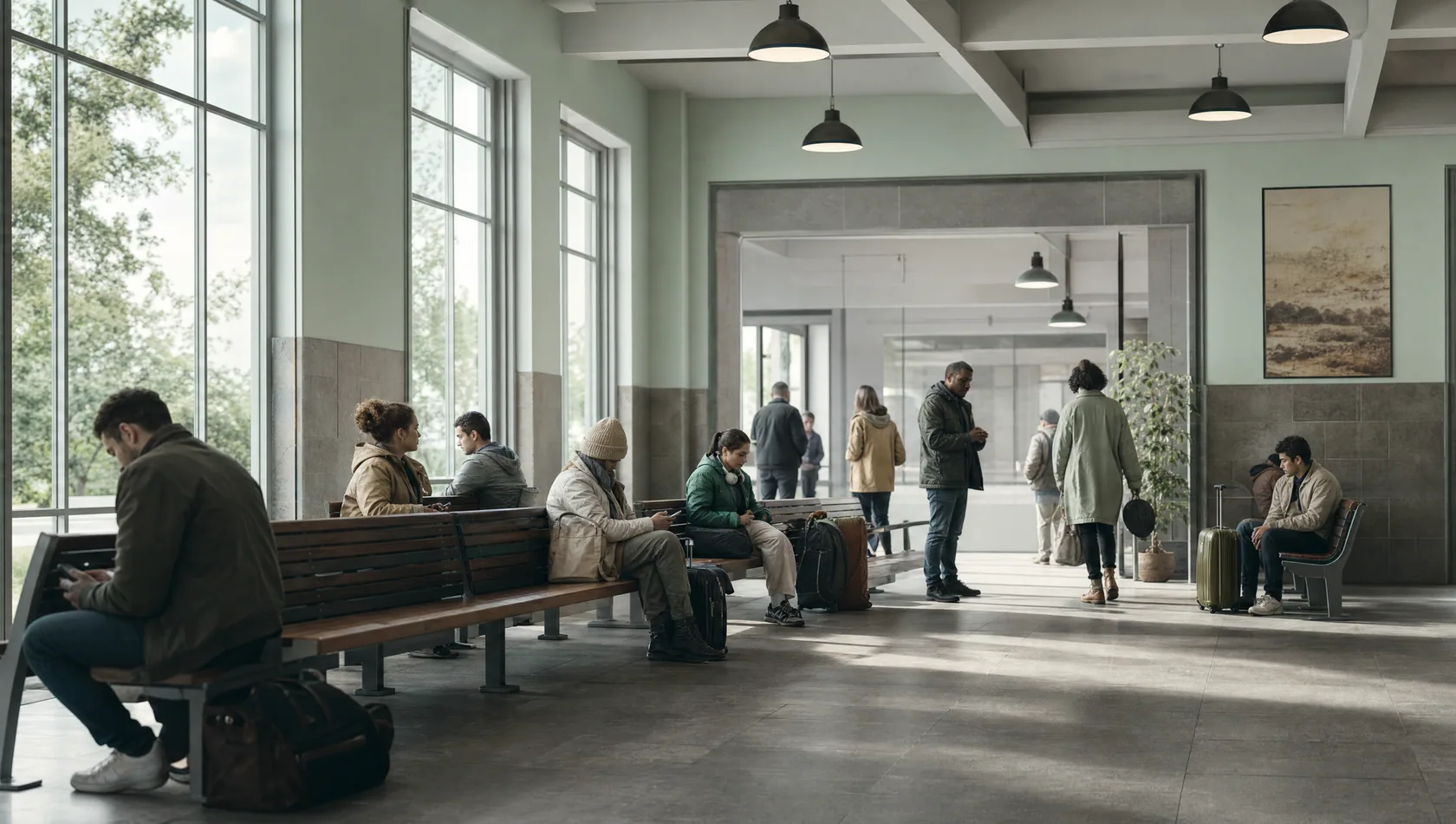 A station concourse waiting area at middle distance with travellers on benches and bags at their feet, high daylight.