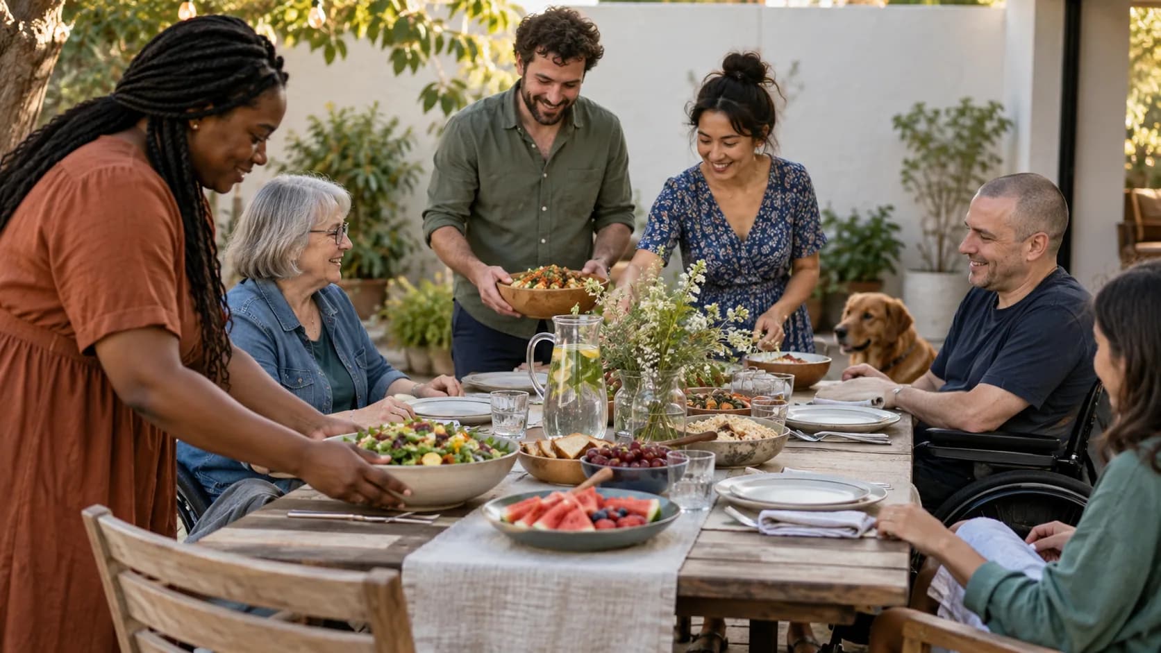 A mixed-age group setting an outdoor celebration table with fruit.