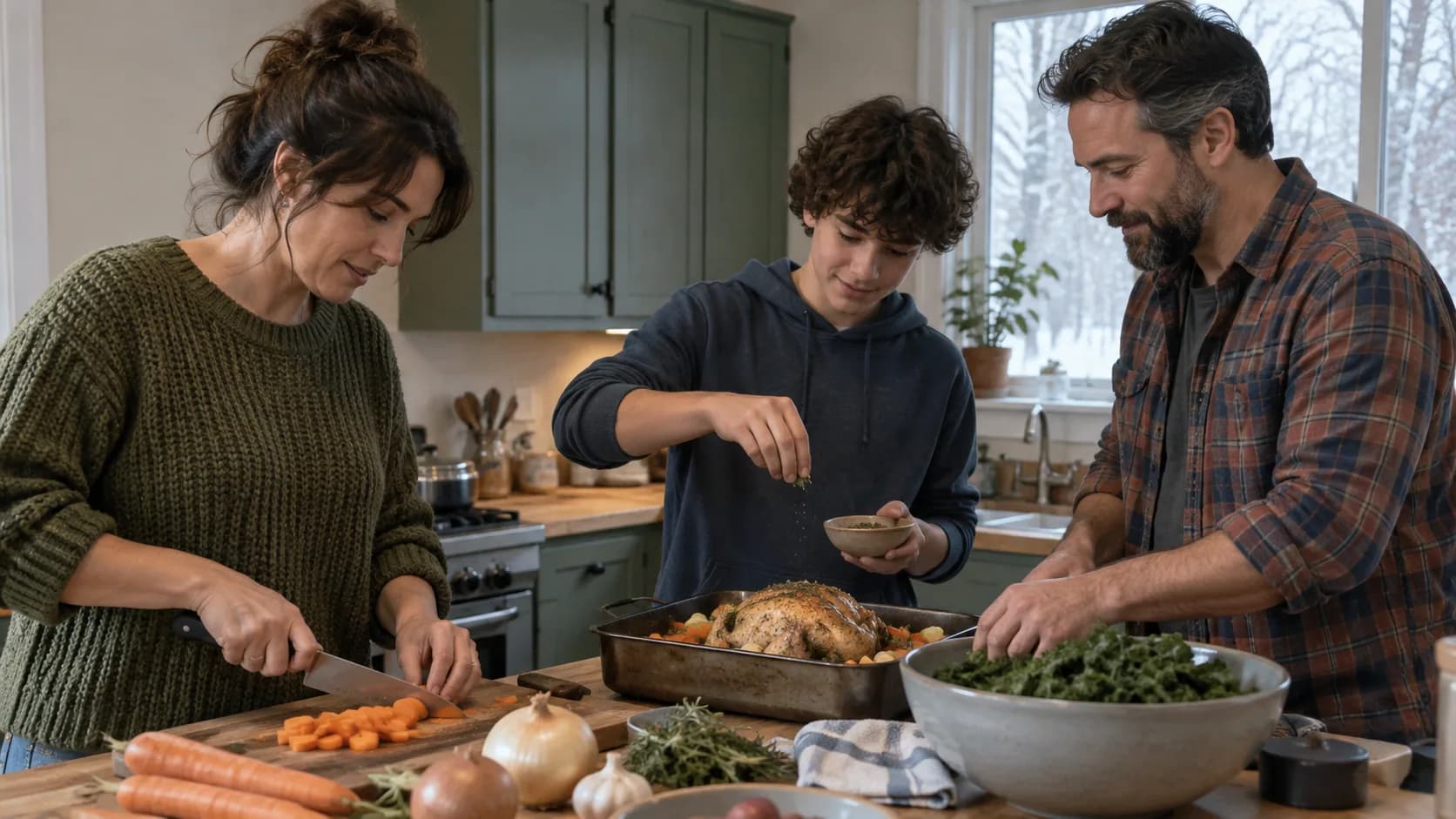 A small chosen gathering preparing a simple meal together on a winter afternoon.