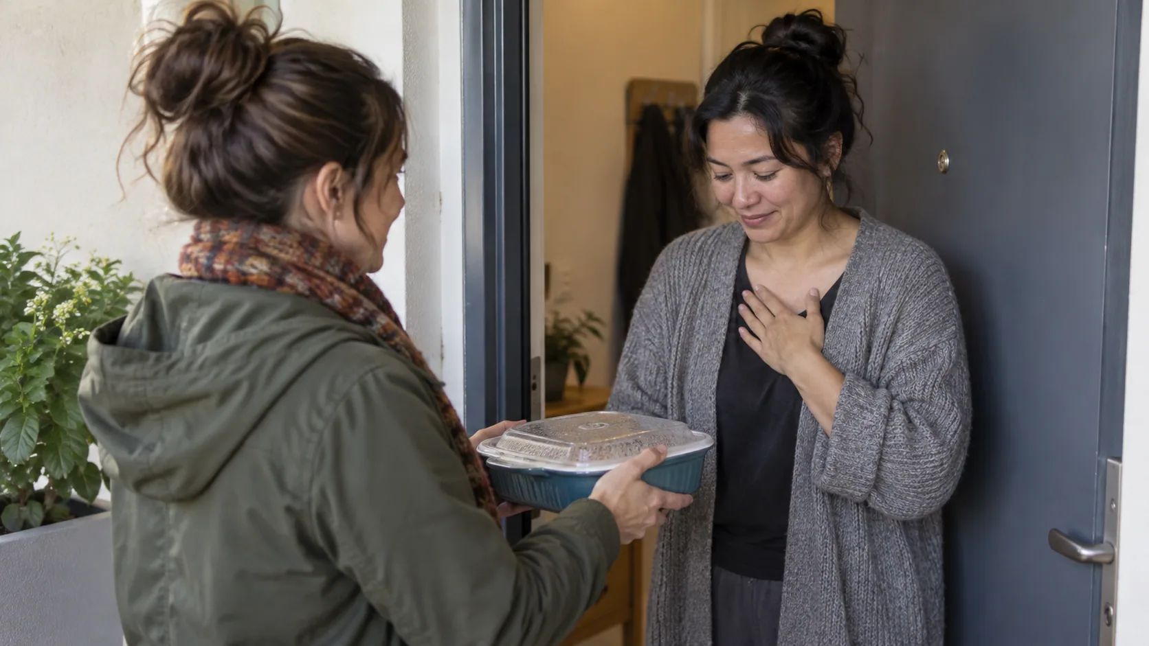 A neighbor leaving a covered homemade meal at an apartment doorway while the resident thanks them quietly.