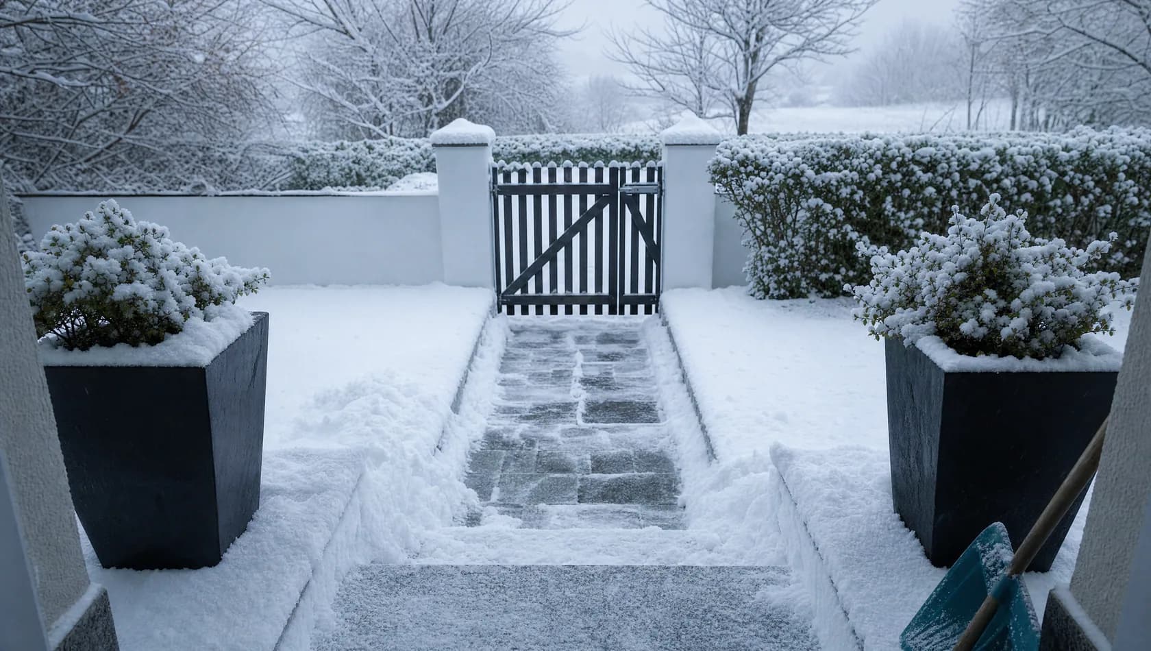 Snow settling on a front step with a scraped path to the gate, flat white light, no people.
