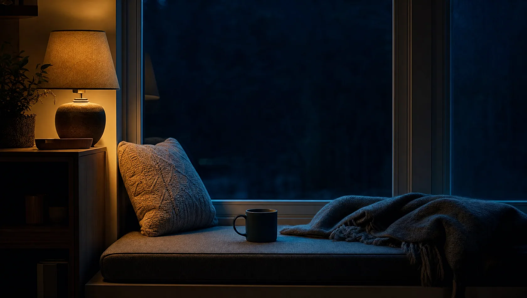 A window seat at night with a folded blanket and a cold mug, one lamp behind and dark glass in front.