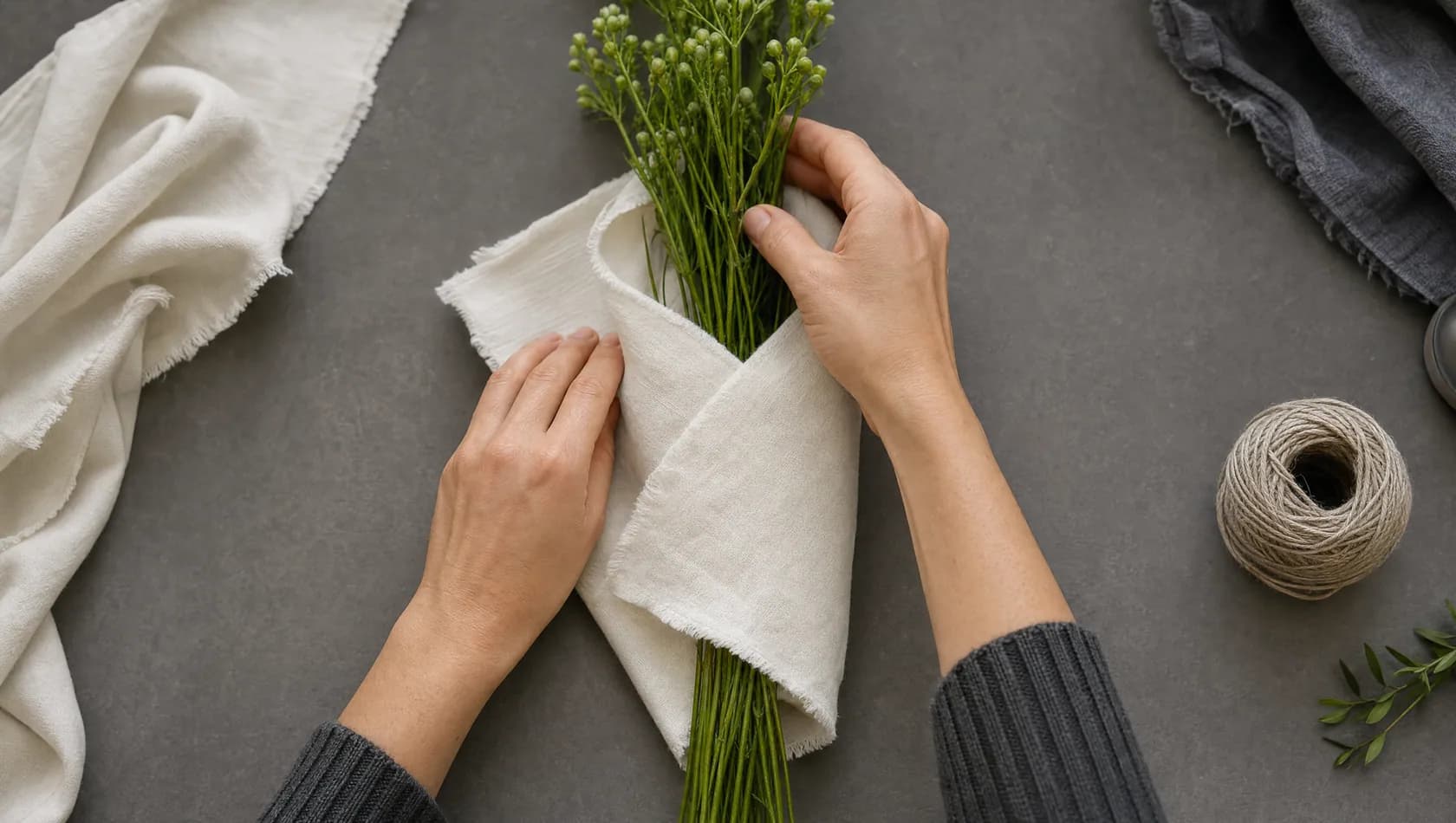 Seen from above: hands smoothing a folded cloth around a small bunch of cut stems on a plain table.
