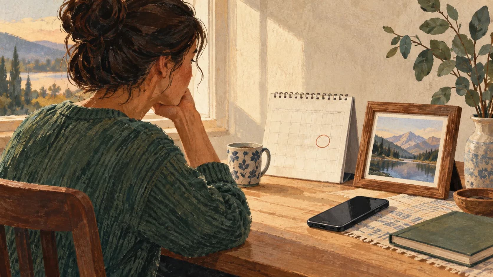 A date softly circled on an otherwise blank calendar beside a cherished framed landscape photograph and a phone ready to call someone.