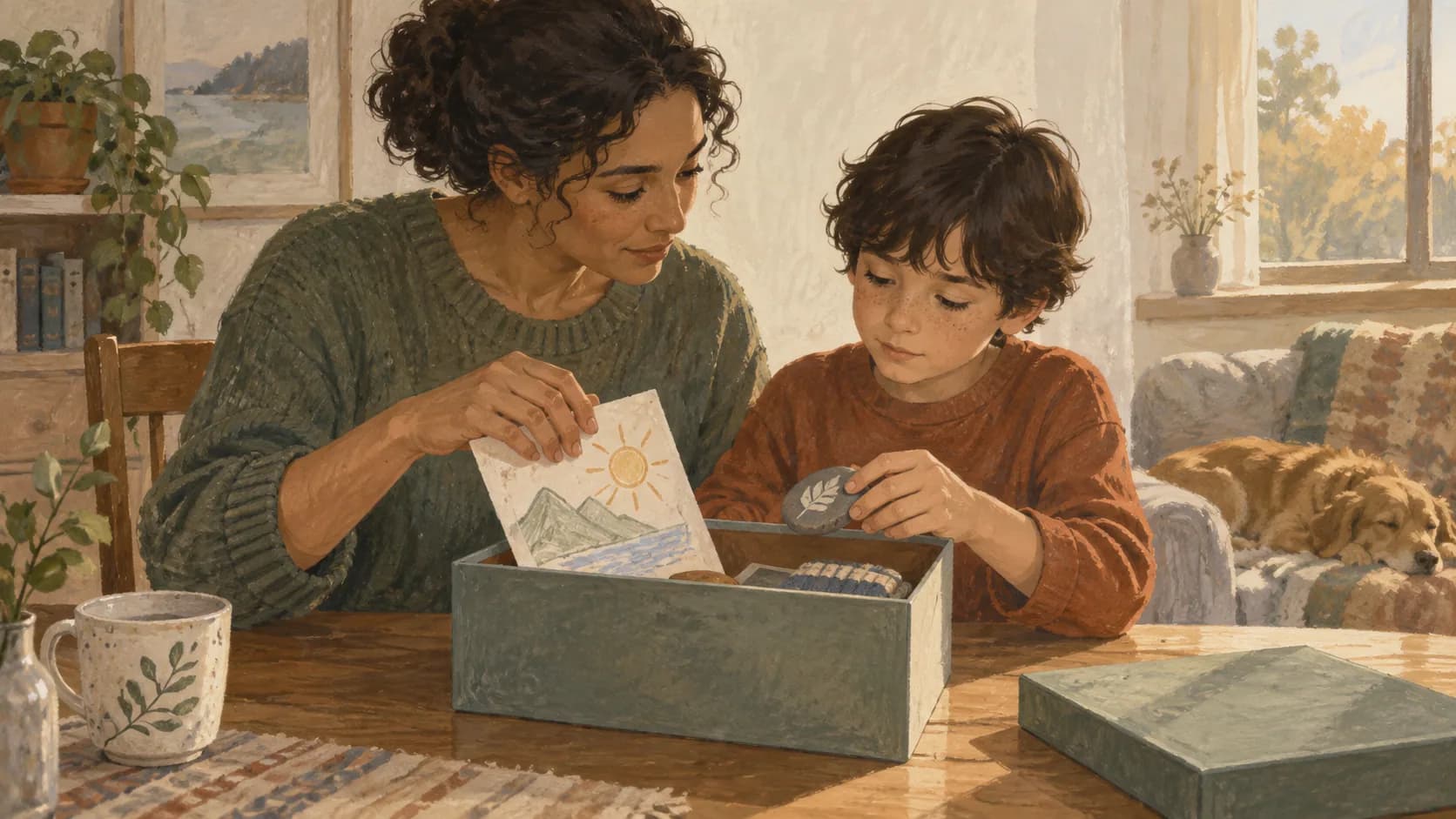 An adult and child putting a drawing and a small keepsake into a memory box together.